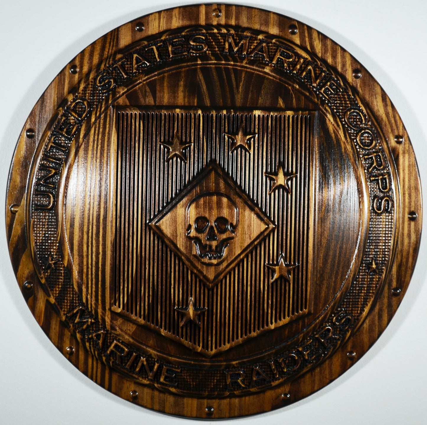 USMC Marine Raiders Shield, stained 3d wood carving, military plaque