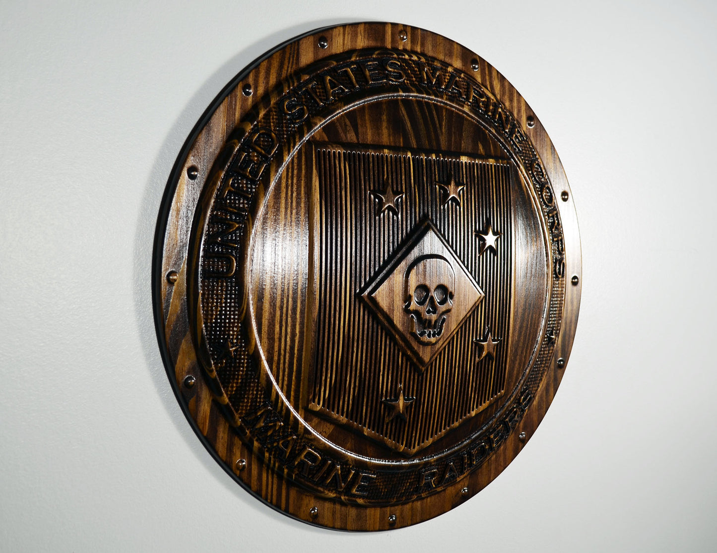 USMC Marine Raiders Shield, stained 3d wood carving, military plaque
