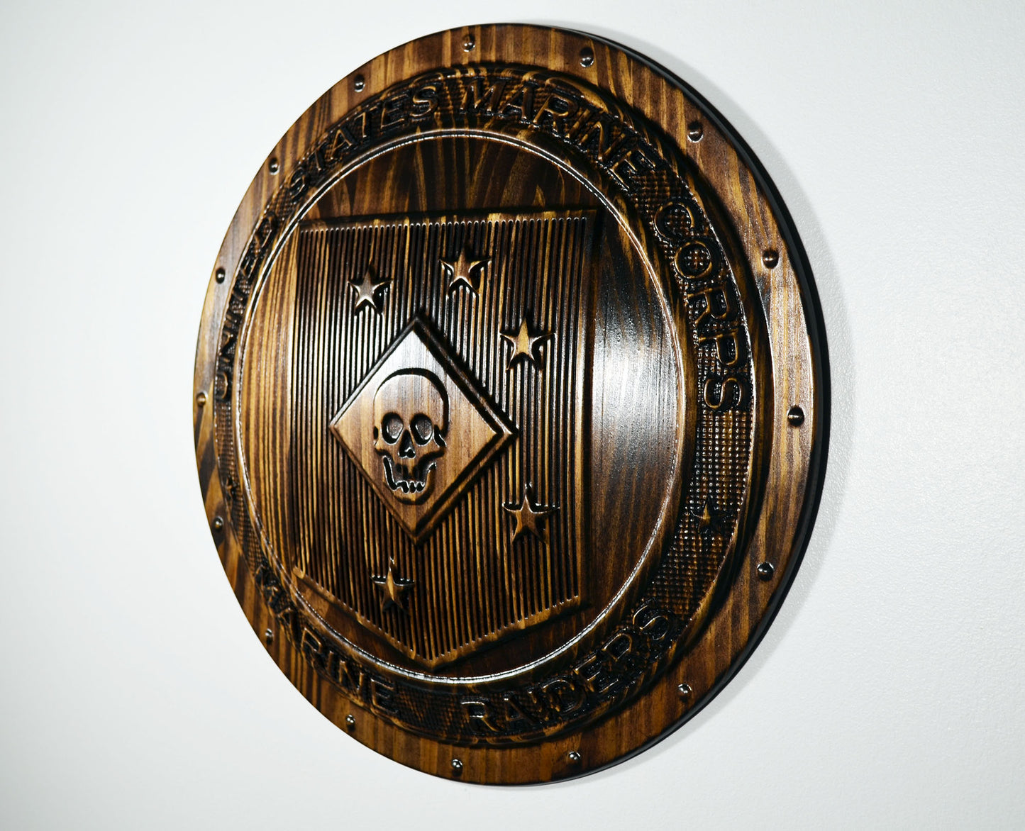USMC Marine Raiders Shield, stained 3d wood carving, military plaque