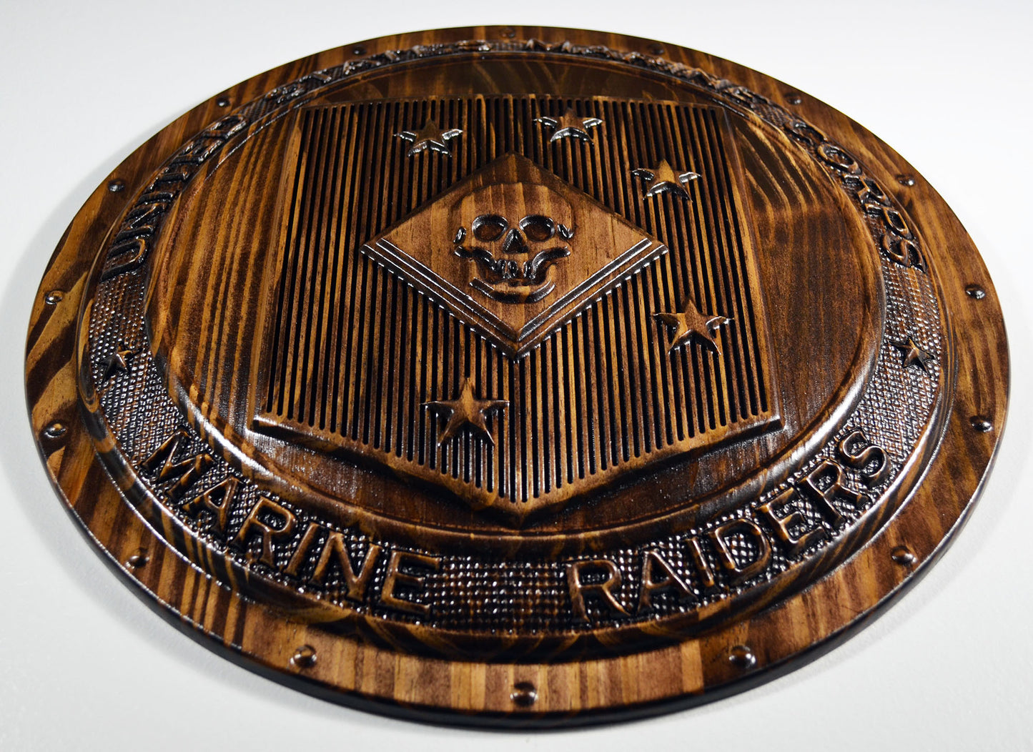 USMC Marine Raiders Shield, stained 3d wood carving, military plaque