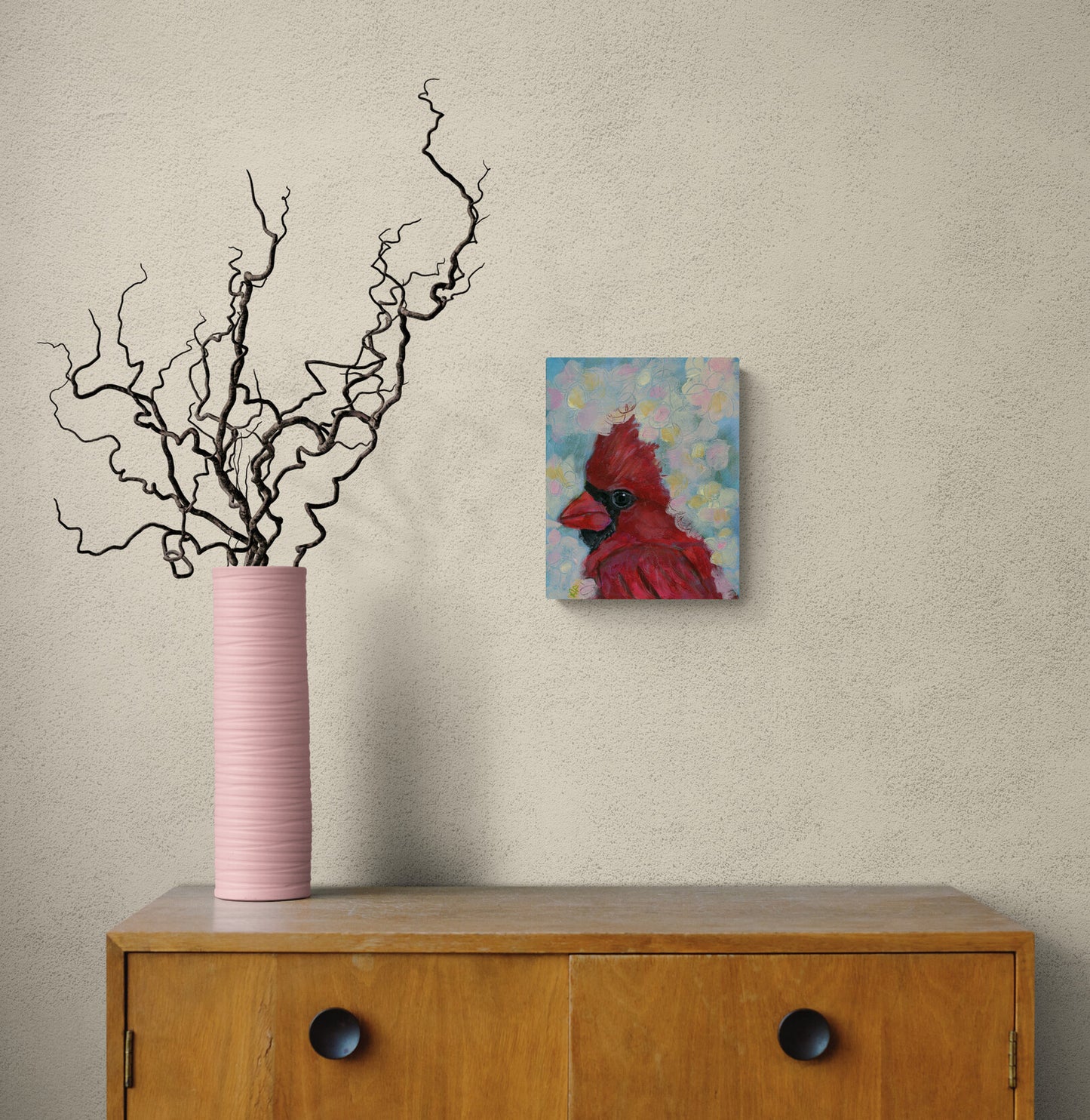 Red Cardinal in flowers painting on canvas 8x10