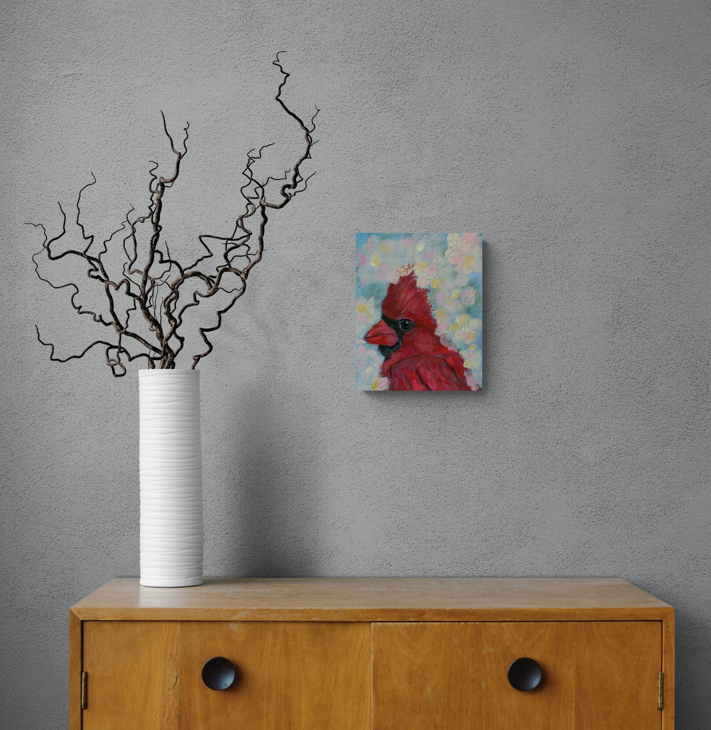 Red Cardinal in flowers painting on canvas 8x10