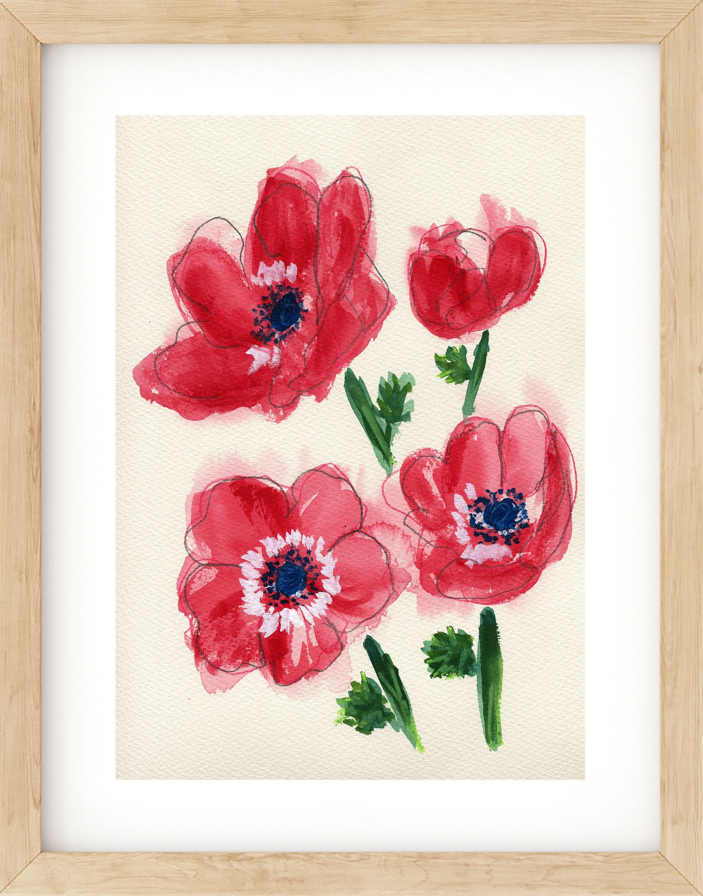 Framed artwork of red flowers with green stems on a beige background