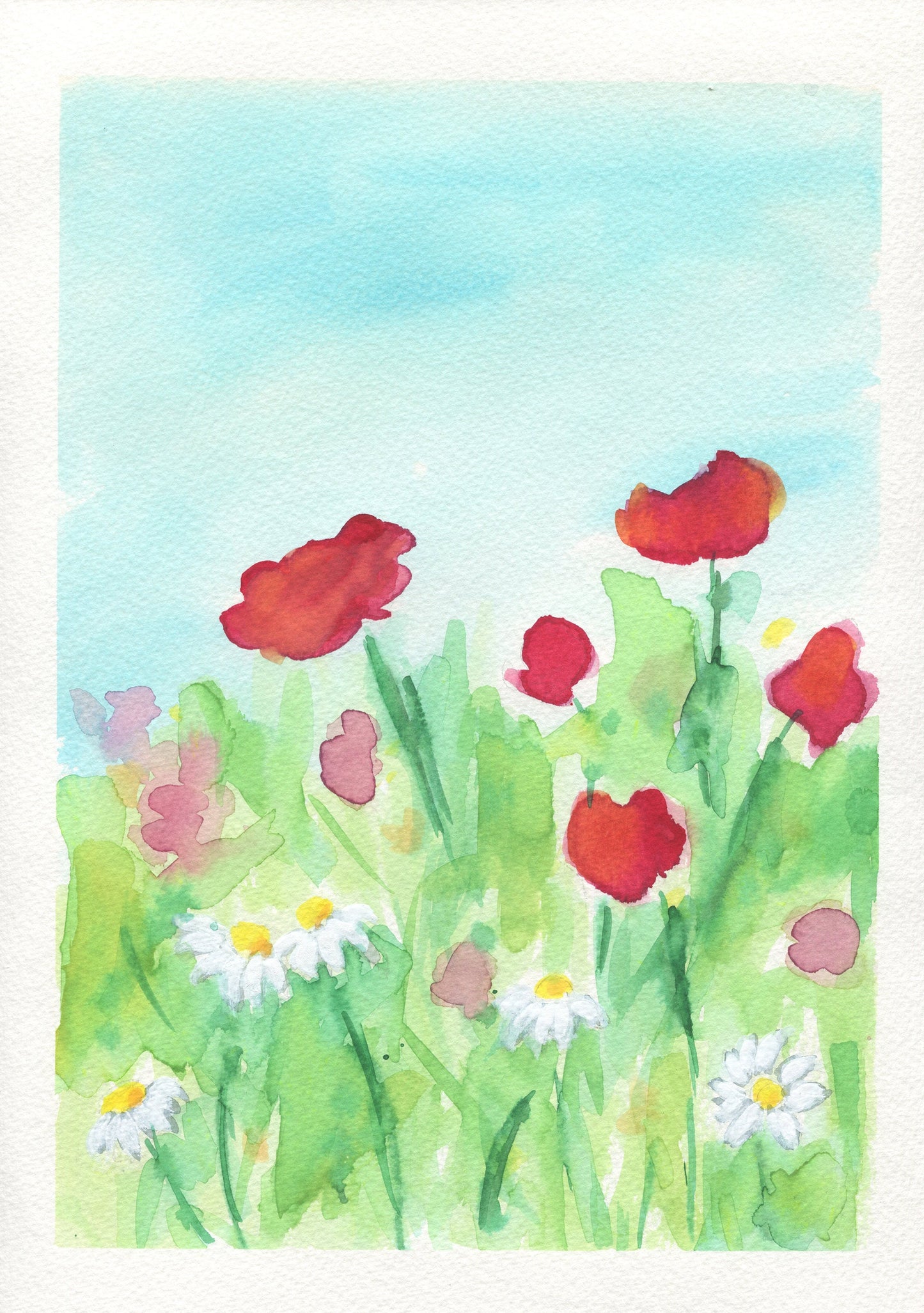 A watercolor painting of a poppy field with vibrant red and yellow flowers and green grass.