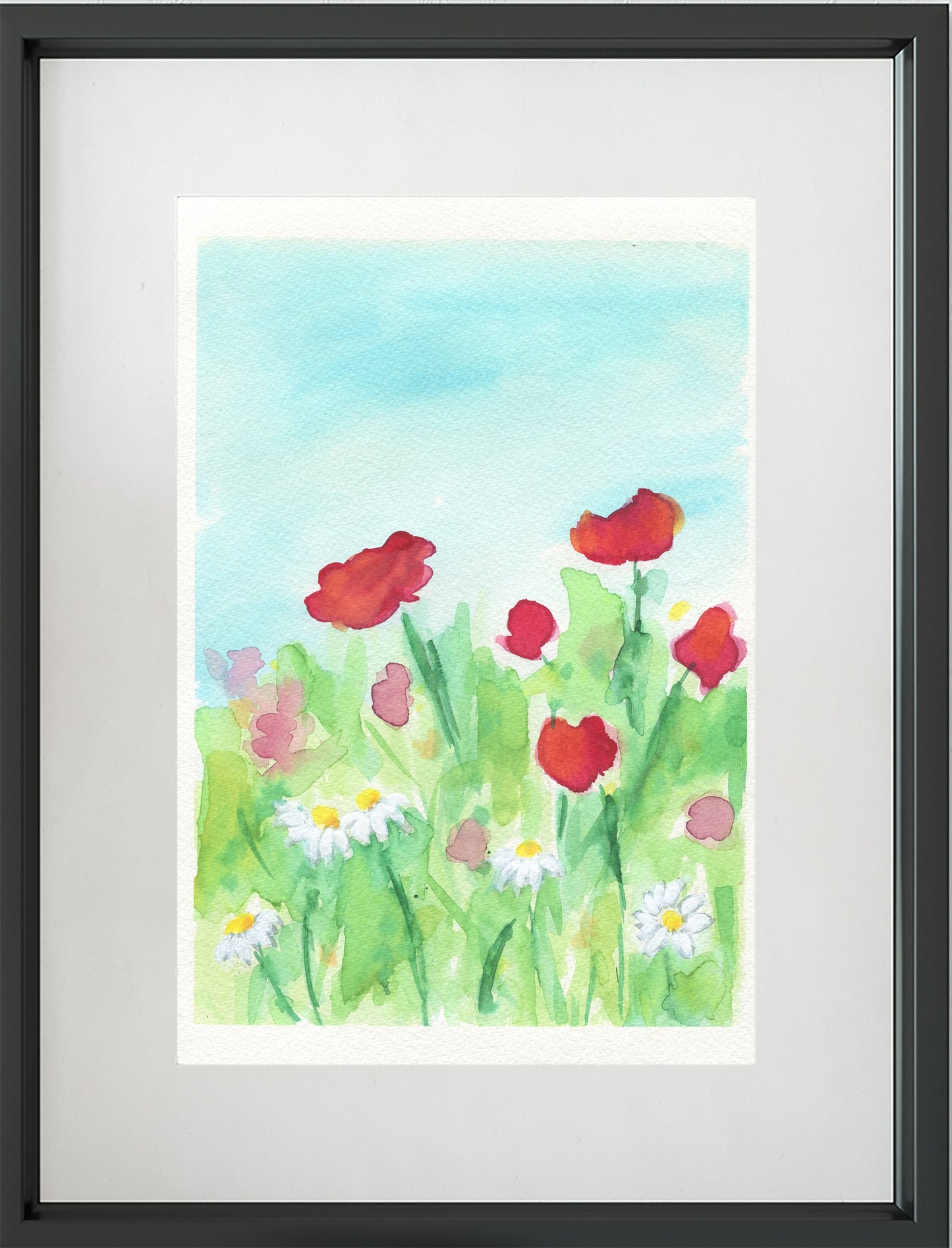 Red poppy field original watercolor painting 9x12