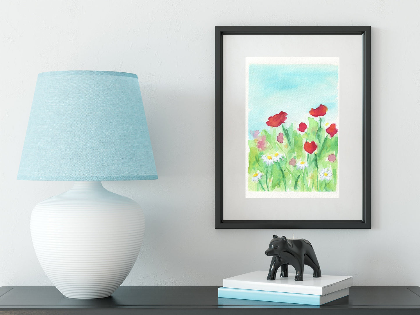 Red poppy field original watercolor painting 9x12