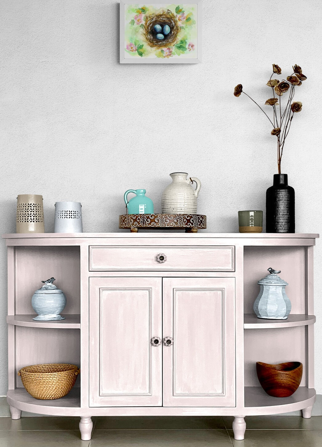 Robin's eggs bird nest with flowers watercolor painting