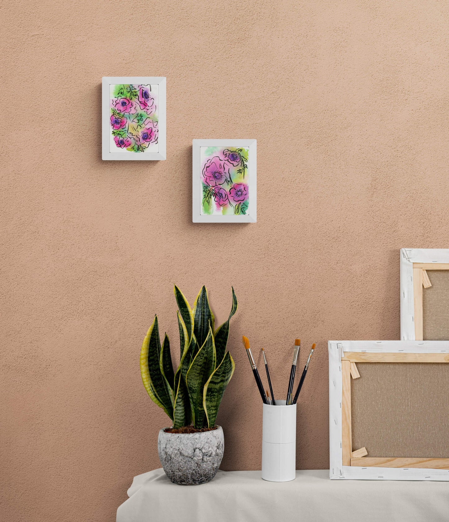 Set of 2 pink and purple line and wash flower painting