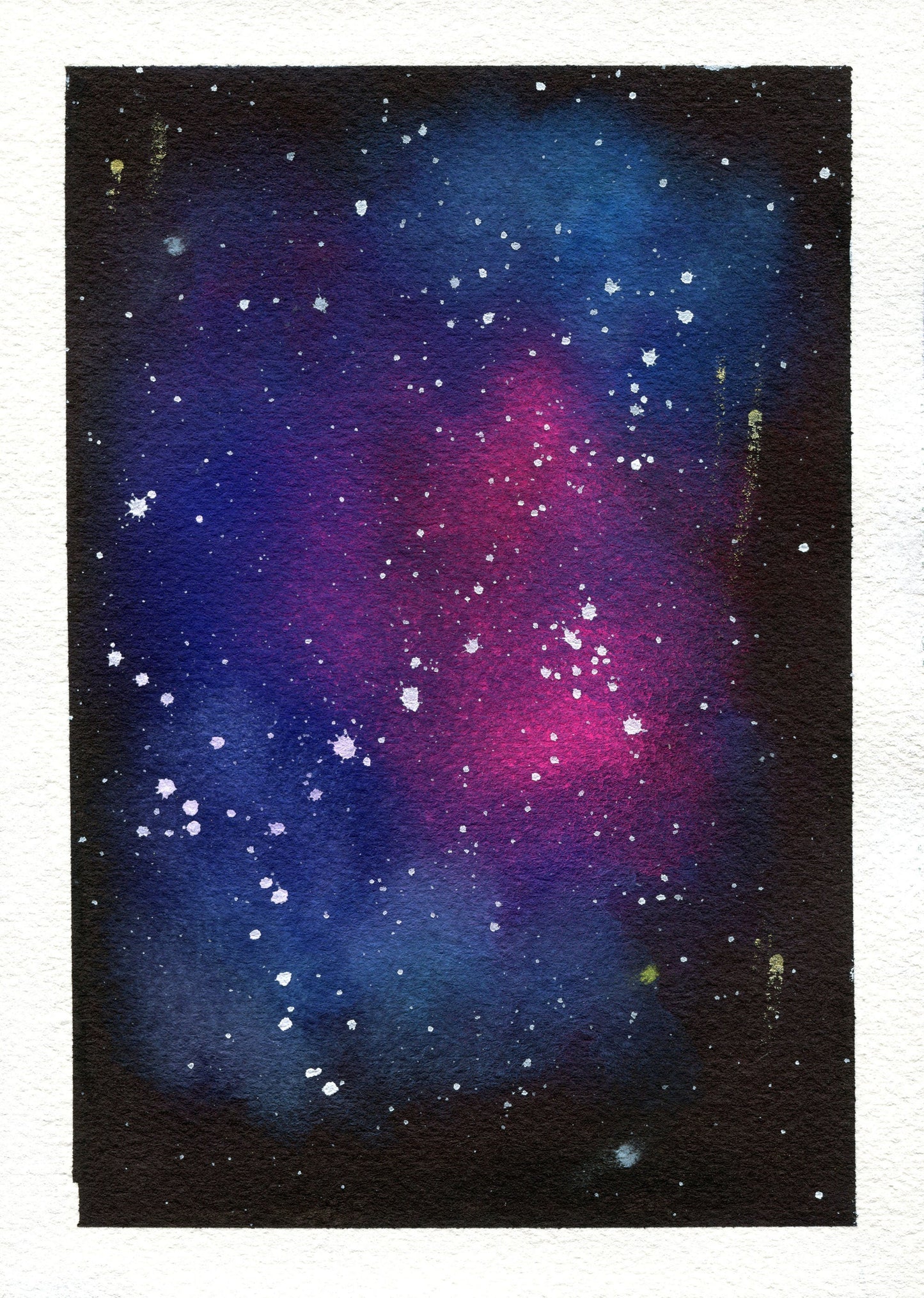 A watercolor painting of a galaxy with vibrant pink and blue hues and white stars, set on a black background.