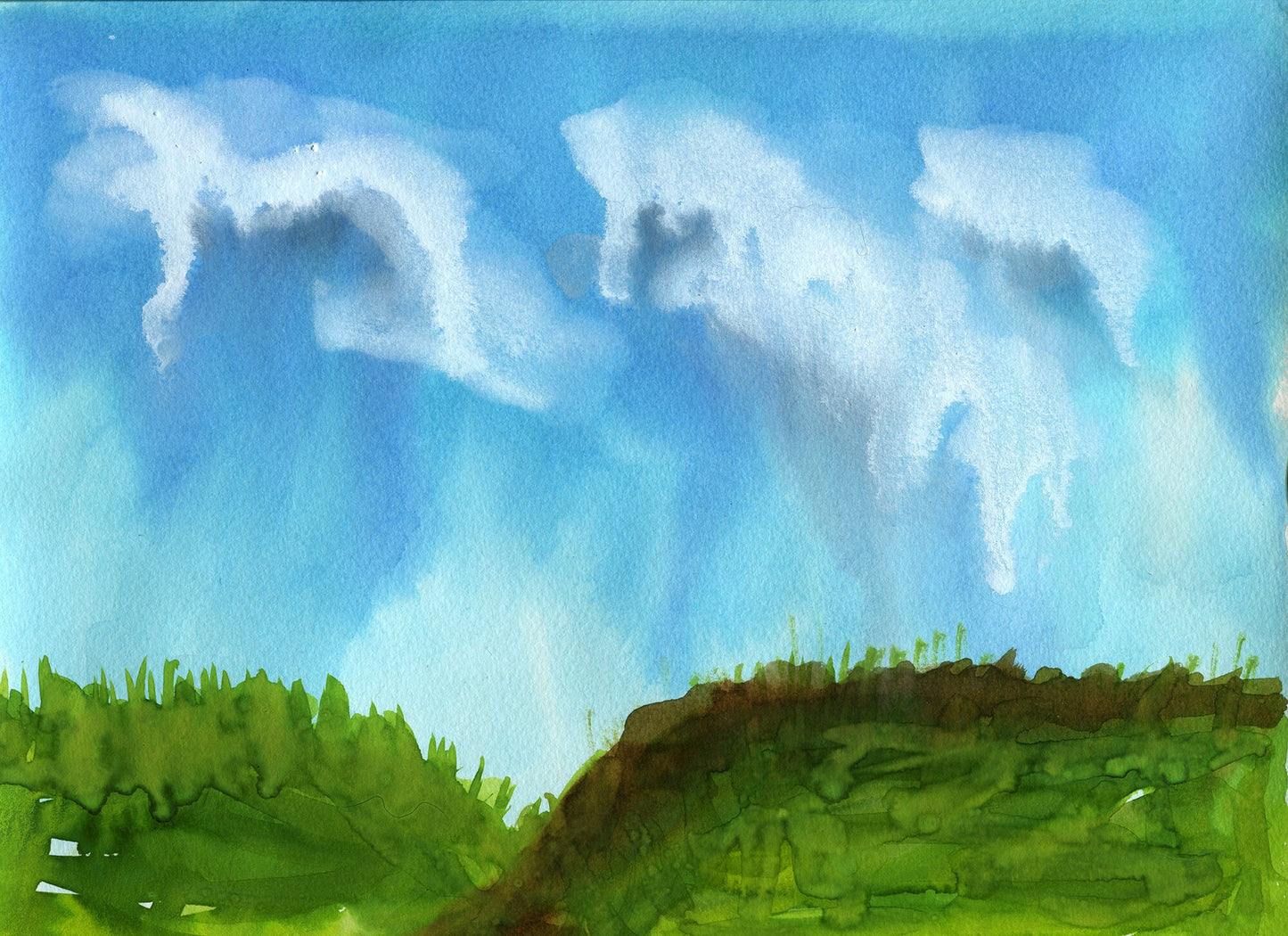 A watercolor painting depicting a rainstorm with dark clouds over a landscape, featuring green hills and a blue sky.