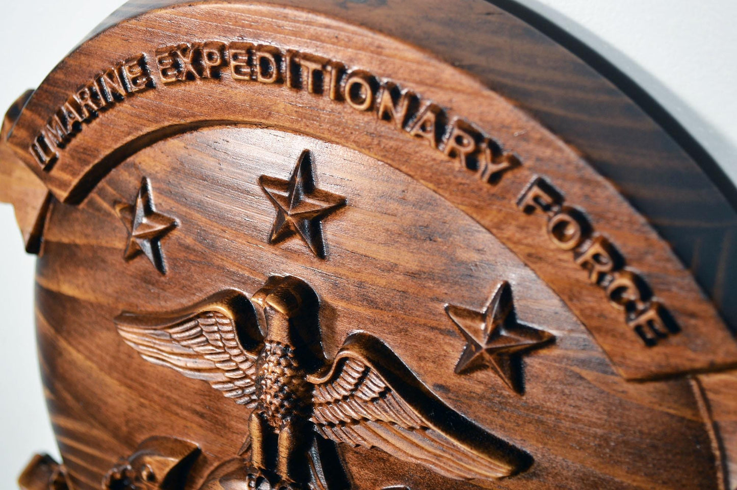 USMC II Marine Expeditionary Force, 12" stained 3d wood carving, military plaque