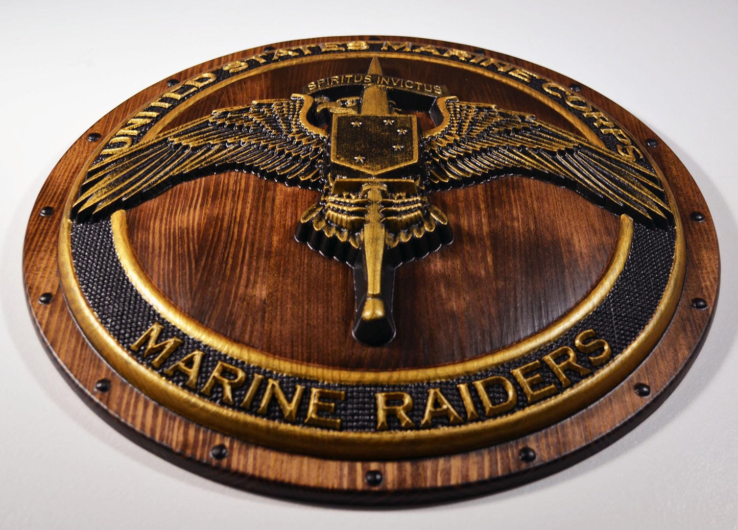 USMC Marine Raiders Badge on Shield, Marine Special Operations, painted wood military plaque