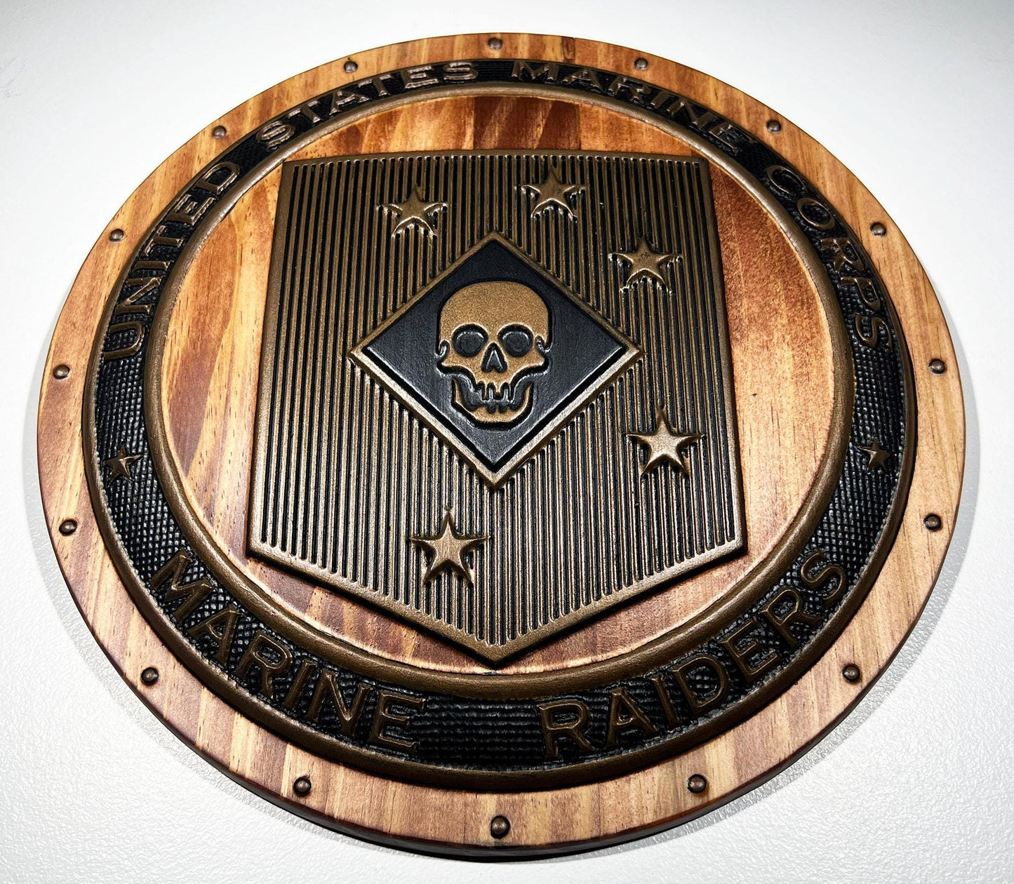 USMC Marine Raiders Bronze and Mahogany shield plaque 12"