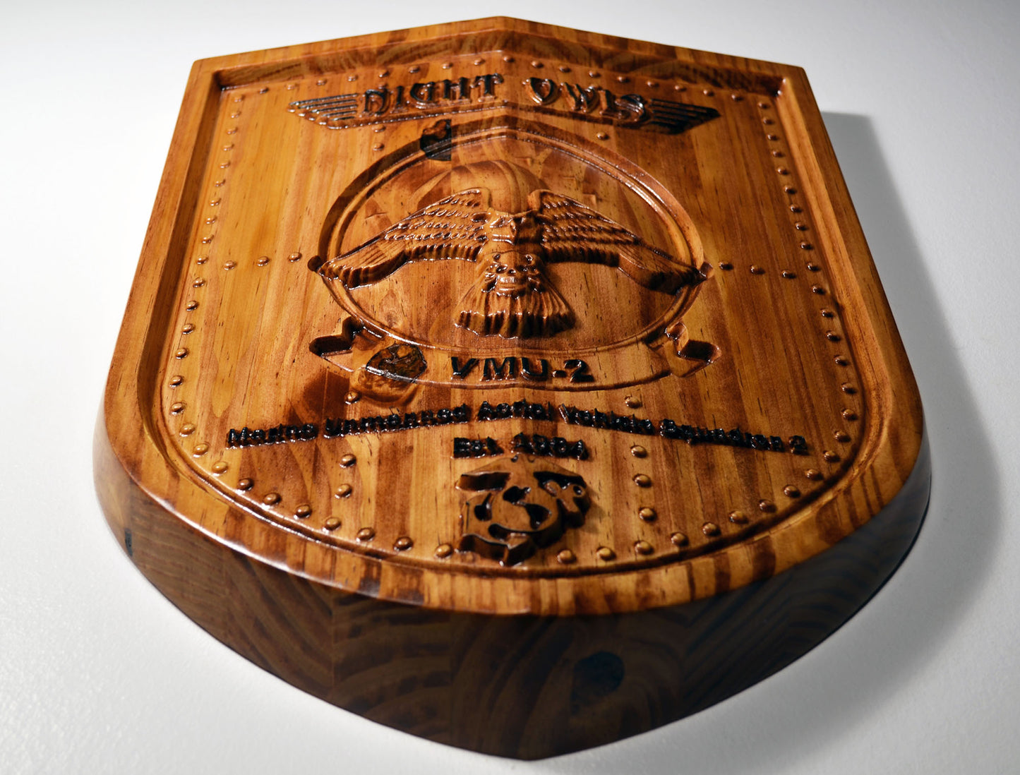 USMC Unmanned Aerial Vehicle Squadron 2, VMU-2, Night Owls, Marine Corps Air Wing, 3d wood carving, military plaque - Carved Effects