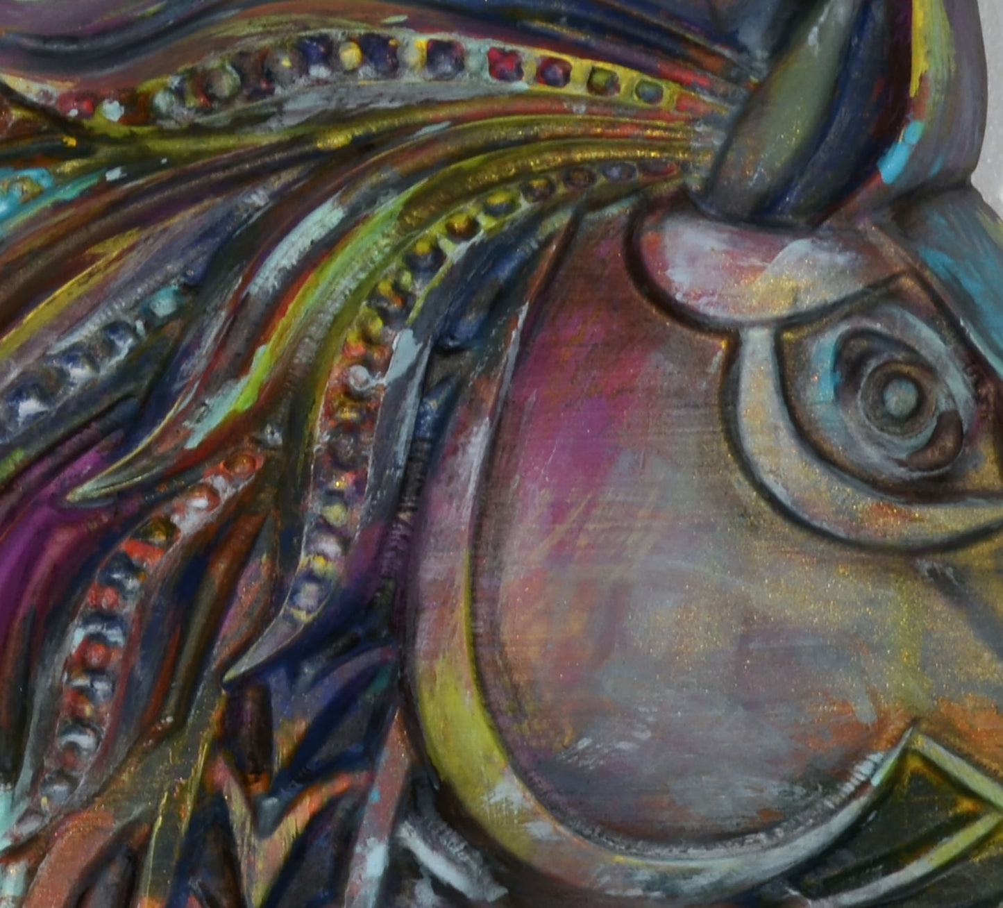 Vibrant horse wood carving 3d hand painted