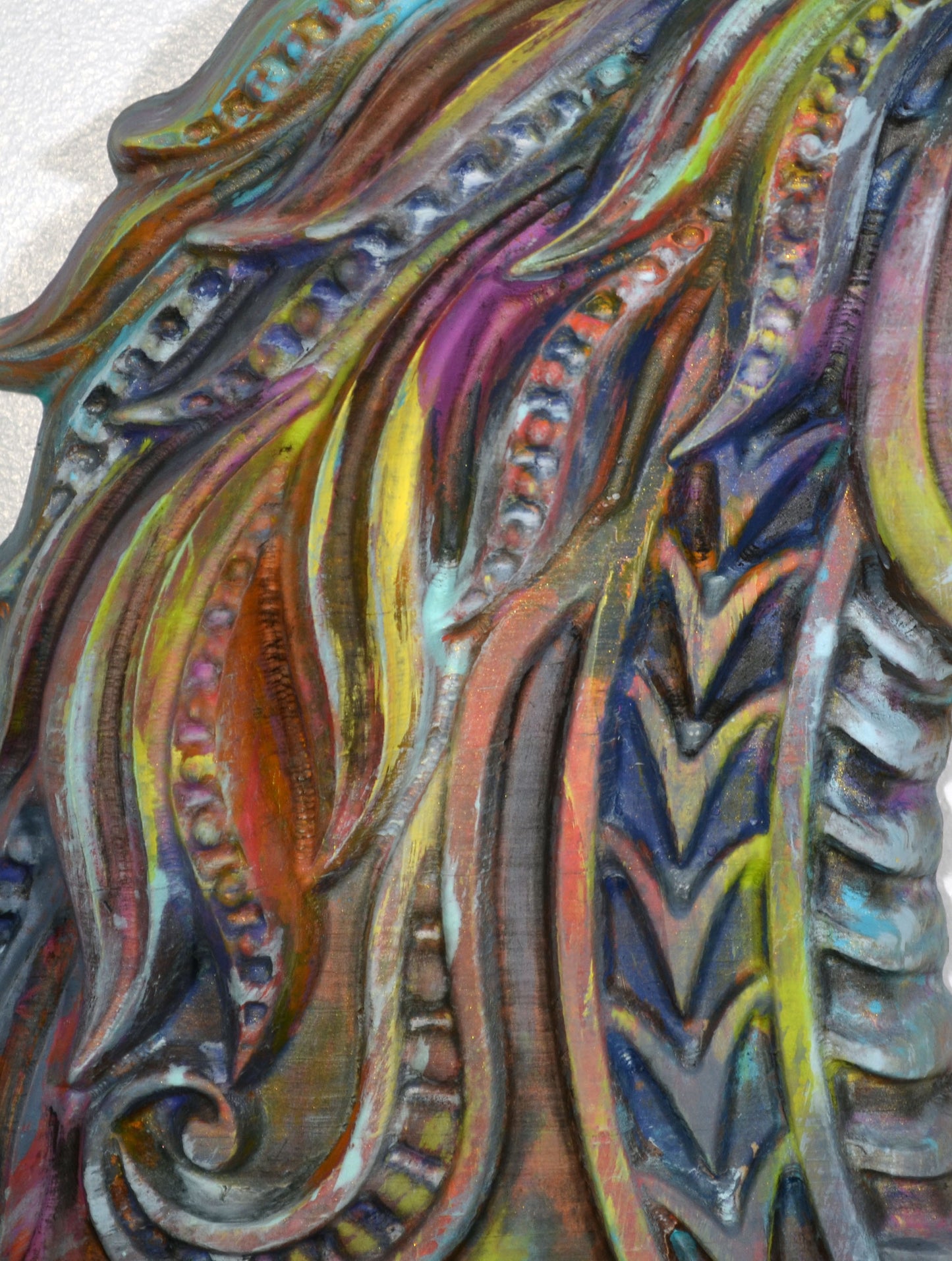 Vibrant horse wood carving 3d hand painted