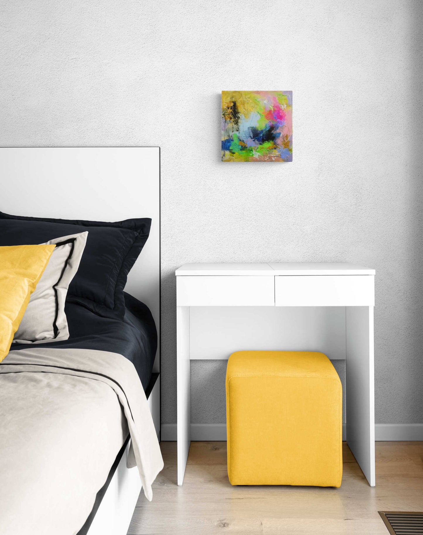 Yellow and hot pink abstract mixed media on canvas