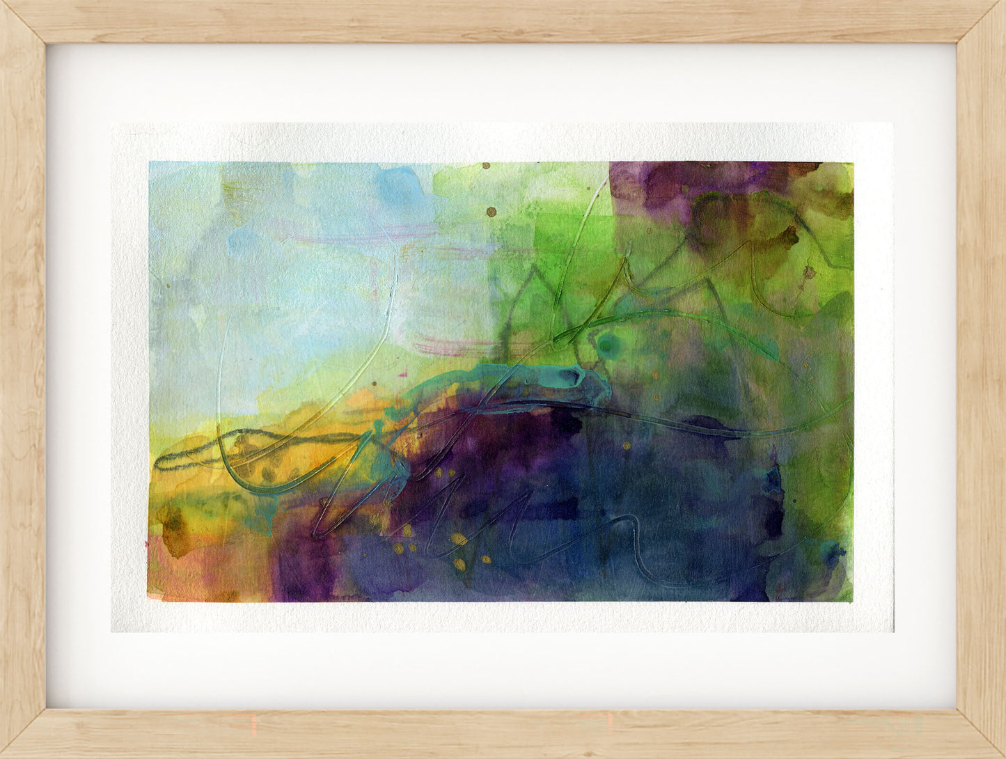 Abstract artwork with colorful brush strokes in a wooden frame