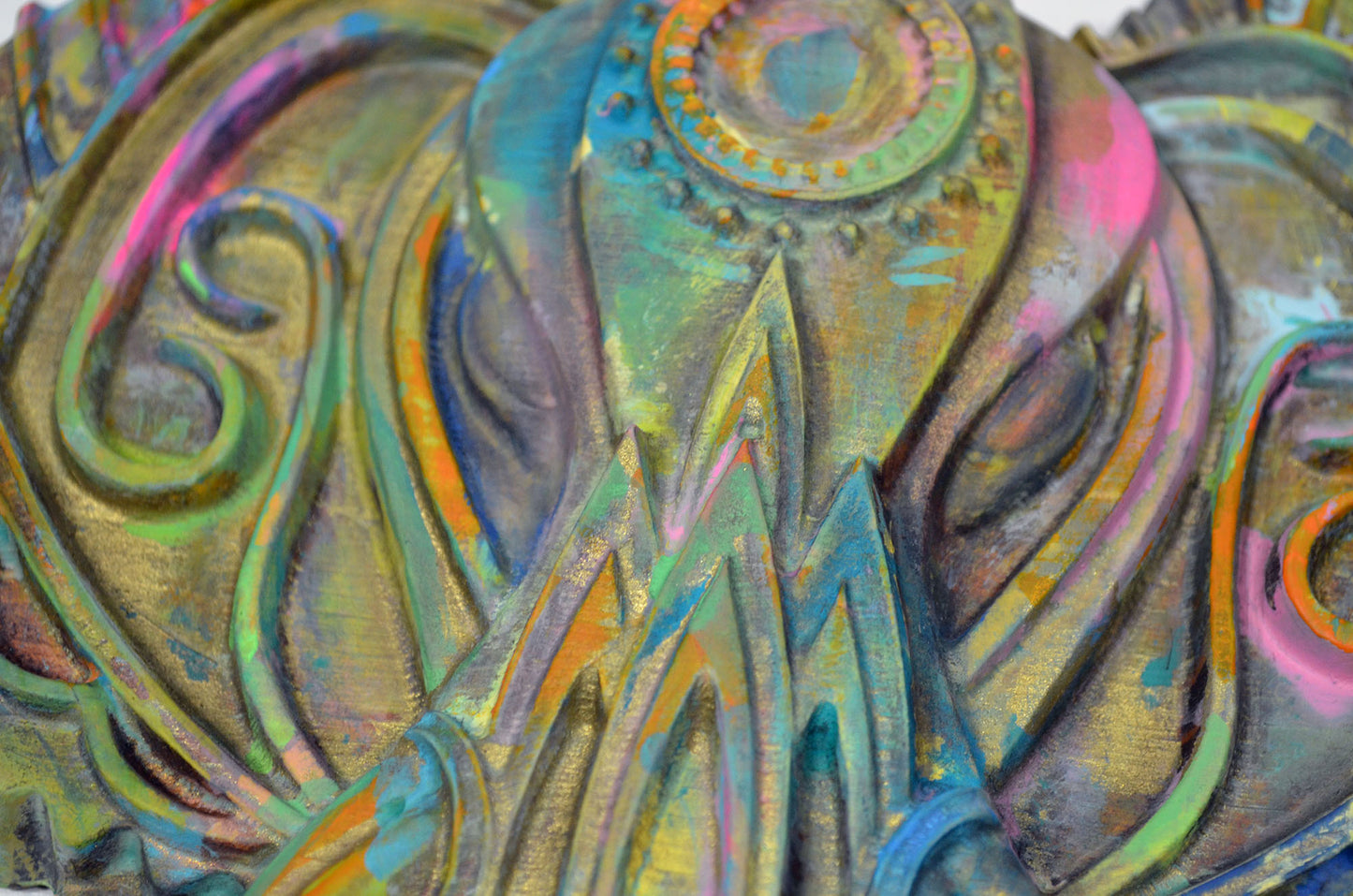 Elephant hand painted 3d wood carving, ready to hang vibrant colorful elephant decor
