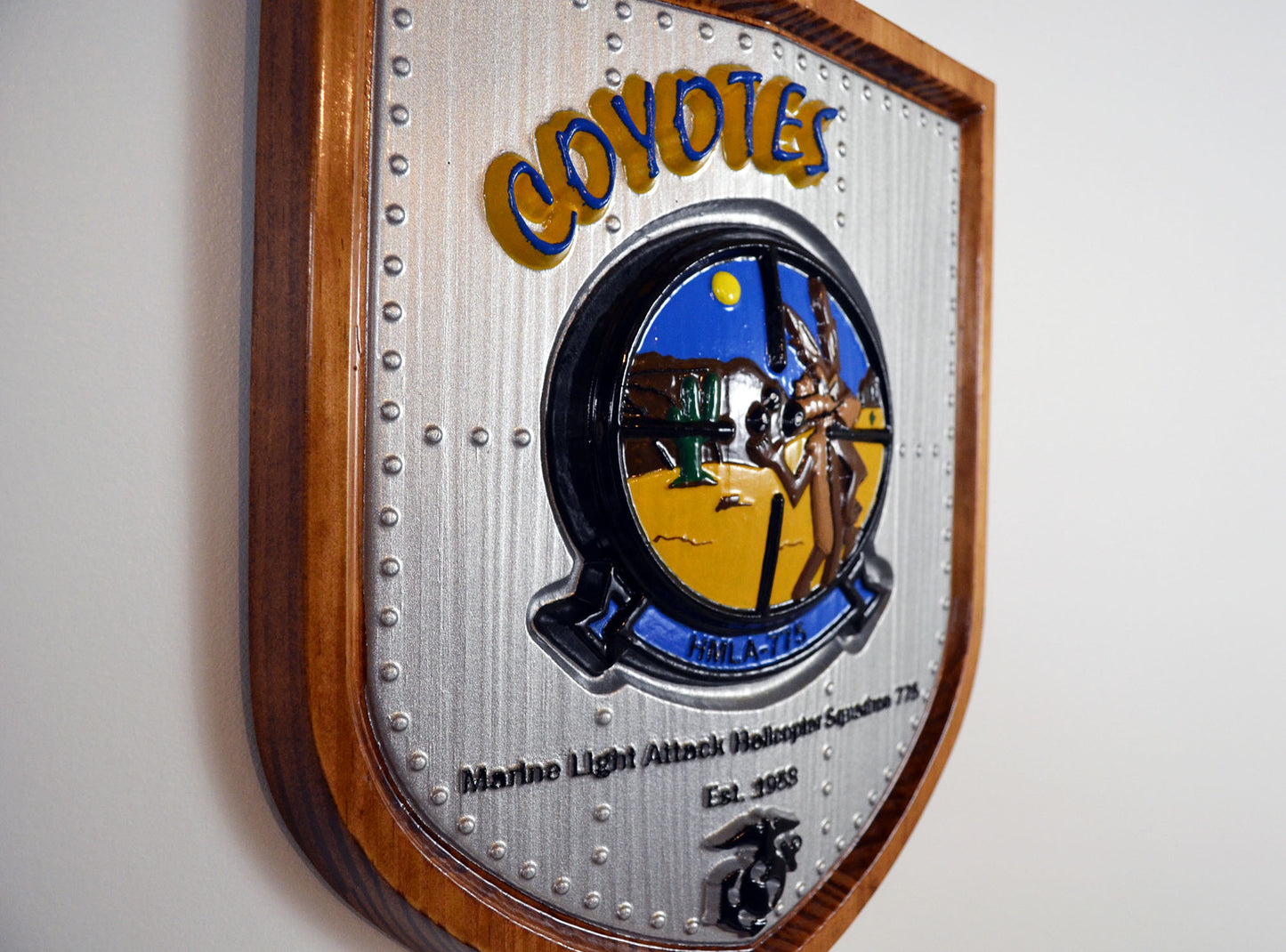 USMC Light Attack Helicopter Squadron, Coyotes, HMLA-775, CNC 3d wood carving, painted military plaque
