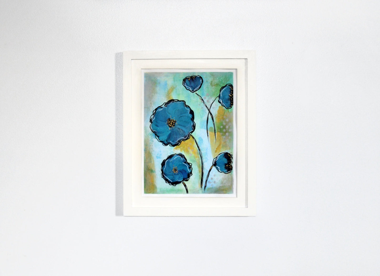 Blue poppy hand painted mixed media flower painting on paper 9x12, blue gallery wall art - Carved Effects