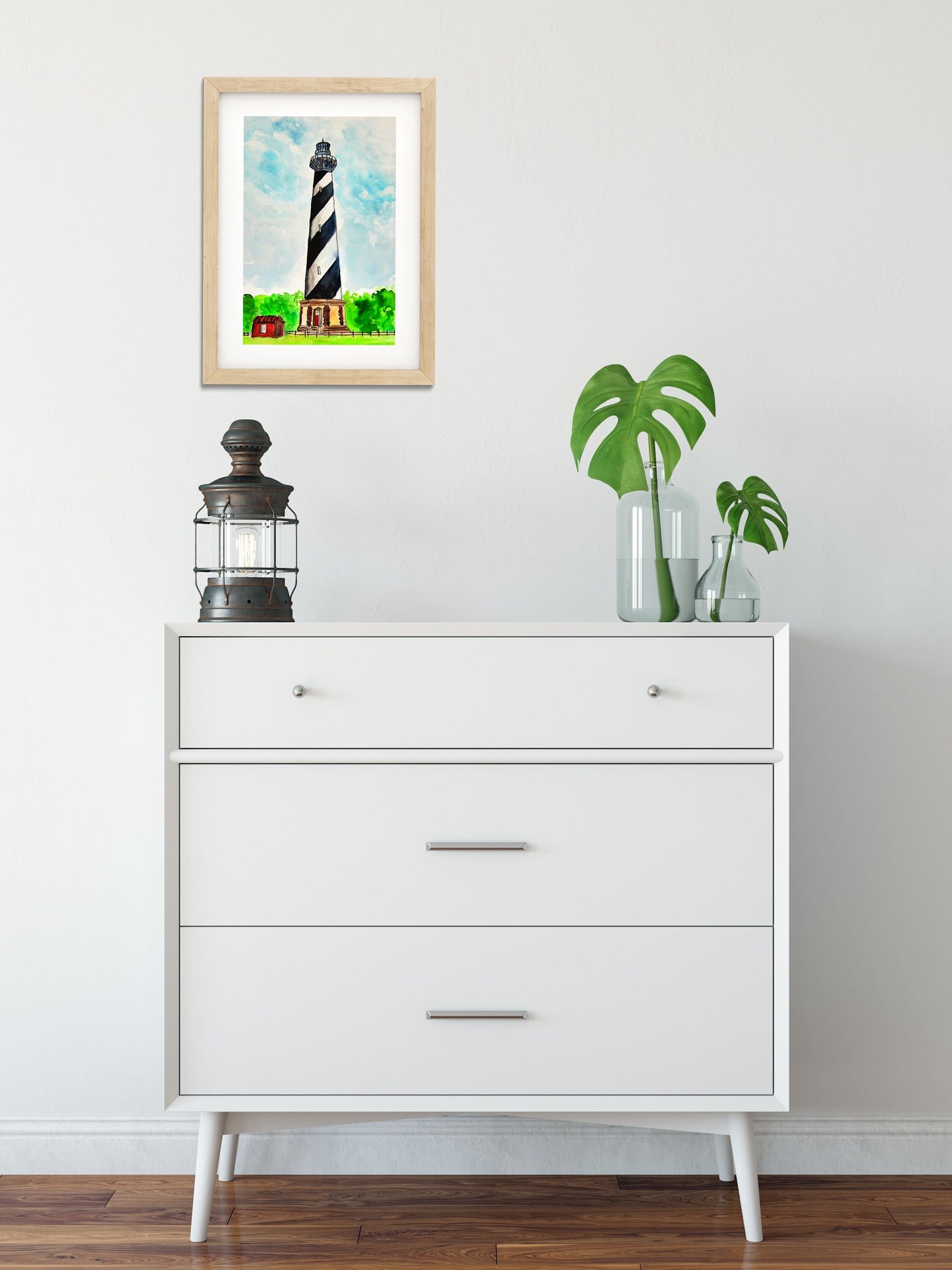 Cape Hatteras lighthouse original watercolor painting 9x12, North Carolina Outer Banks wall art - Carved Effects