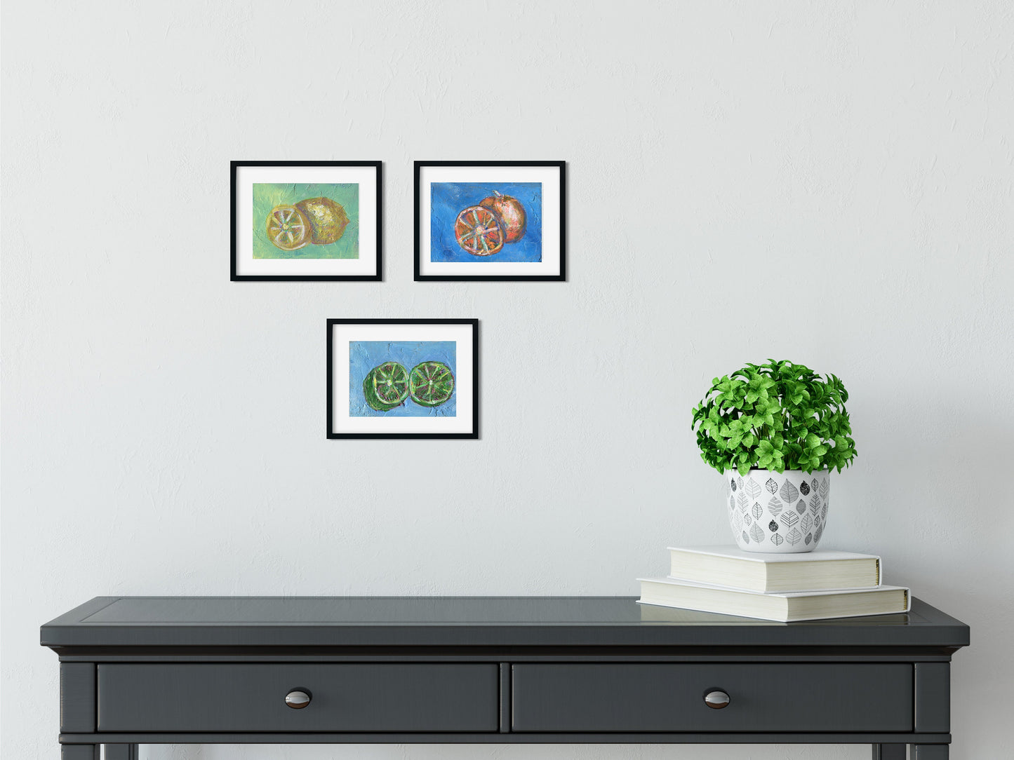 Set of 3 small acrylic fruit paintings 5x7, lemons limes oranges acrylic painting on canvas board, expressive impressionism painting