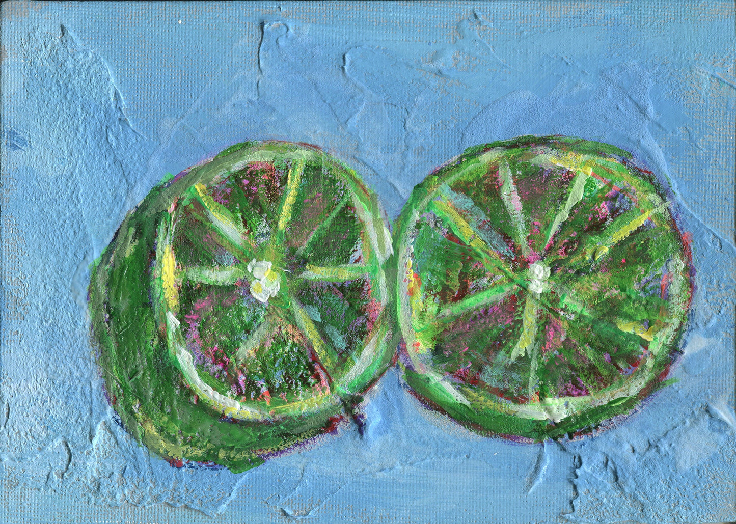 Set of 3 small acrylic fruit paintings 5x7, lemons limes oranges acrylic painting on canvas board, expressive impressionism painting