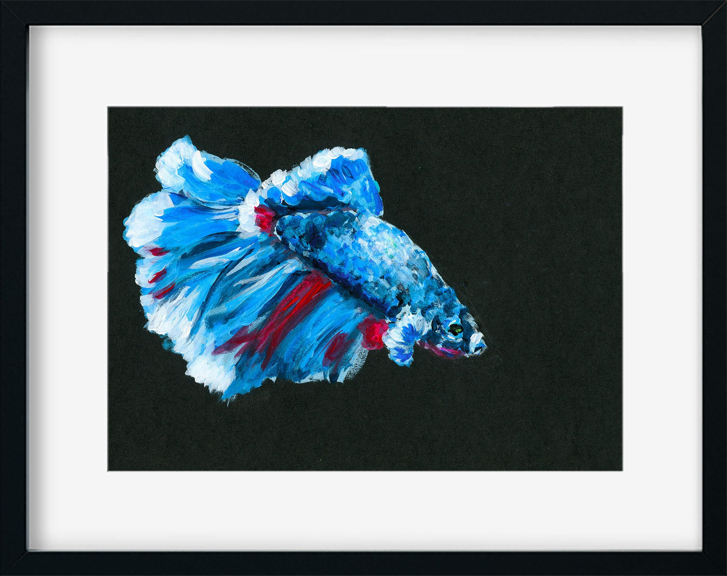 Betta fish, blue red and white acrylic painting on black paper, small fish wall art, Siamese fighting fish painting, original artwork - Carved Effects
