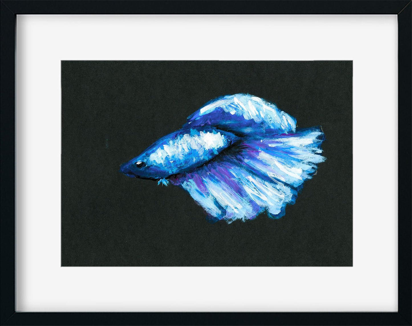 Betta fish, blue purple and white acrylic painting on black paper, small fish wall art, Siamese fighting fish painting, original artwork - Carved Effects