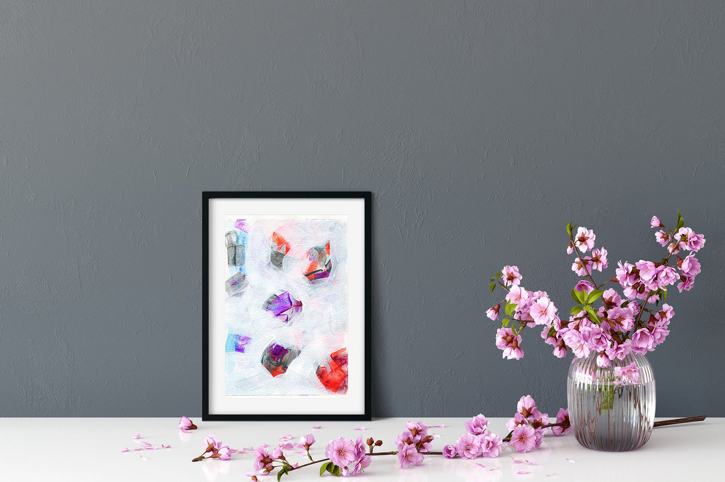 Abstract acrylic painting with purple and orange accents, mark making original artwork 9x12 ready to frame - Carved Effects