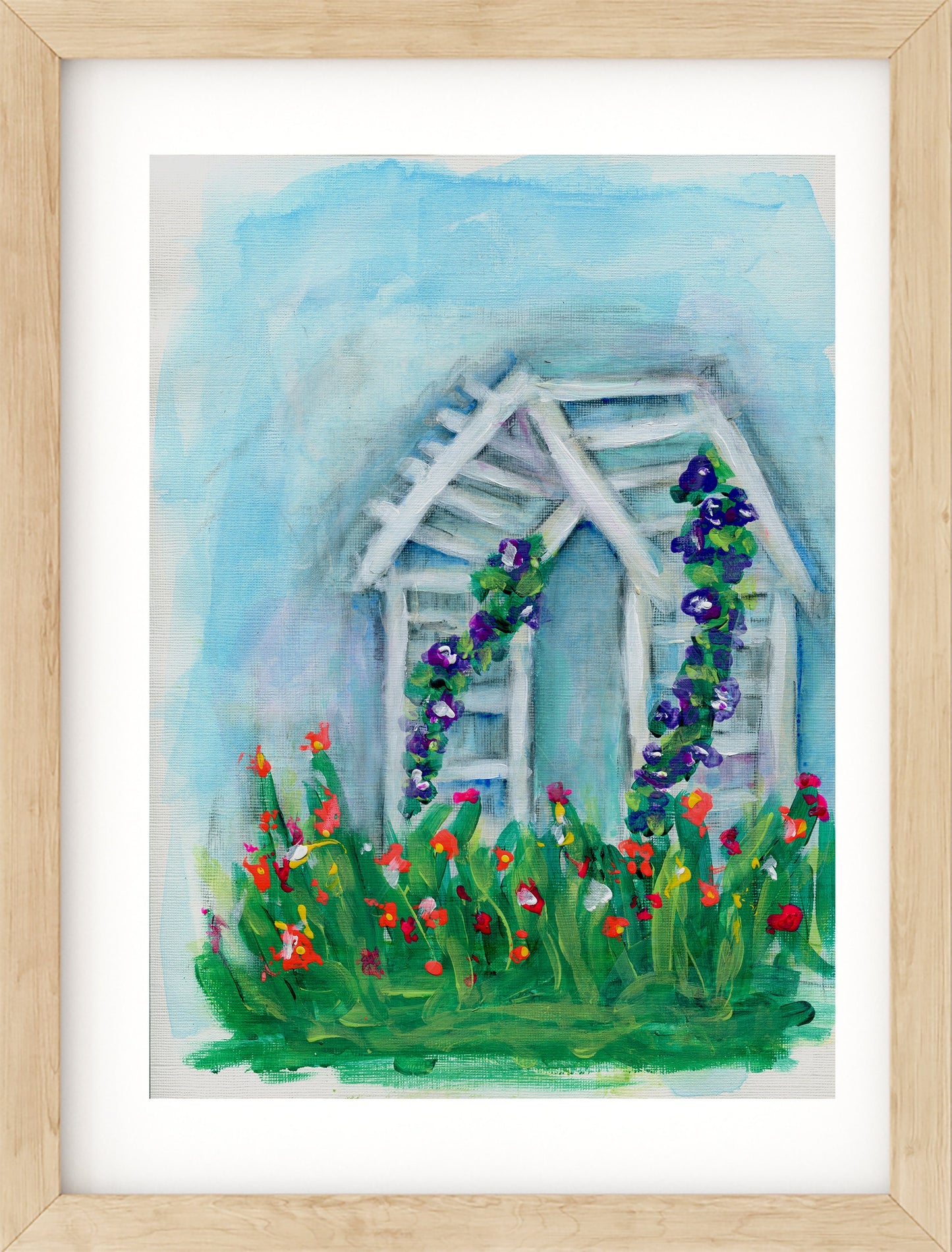 Flowering trellis garden landscape acrylic painting on paper 9x12, impressionism painting, nature inspired original painting not a print