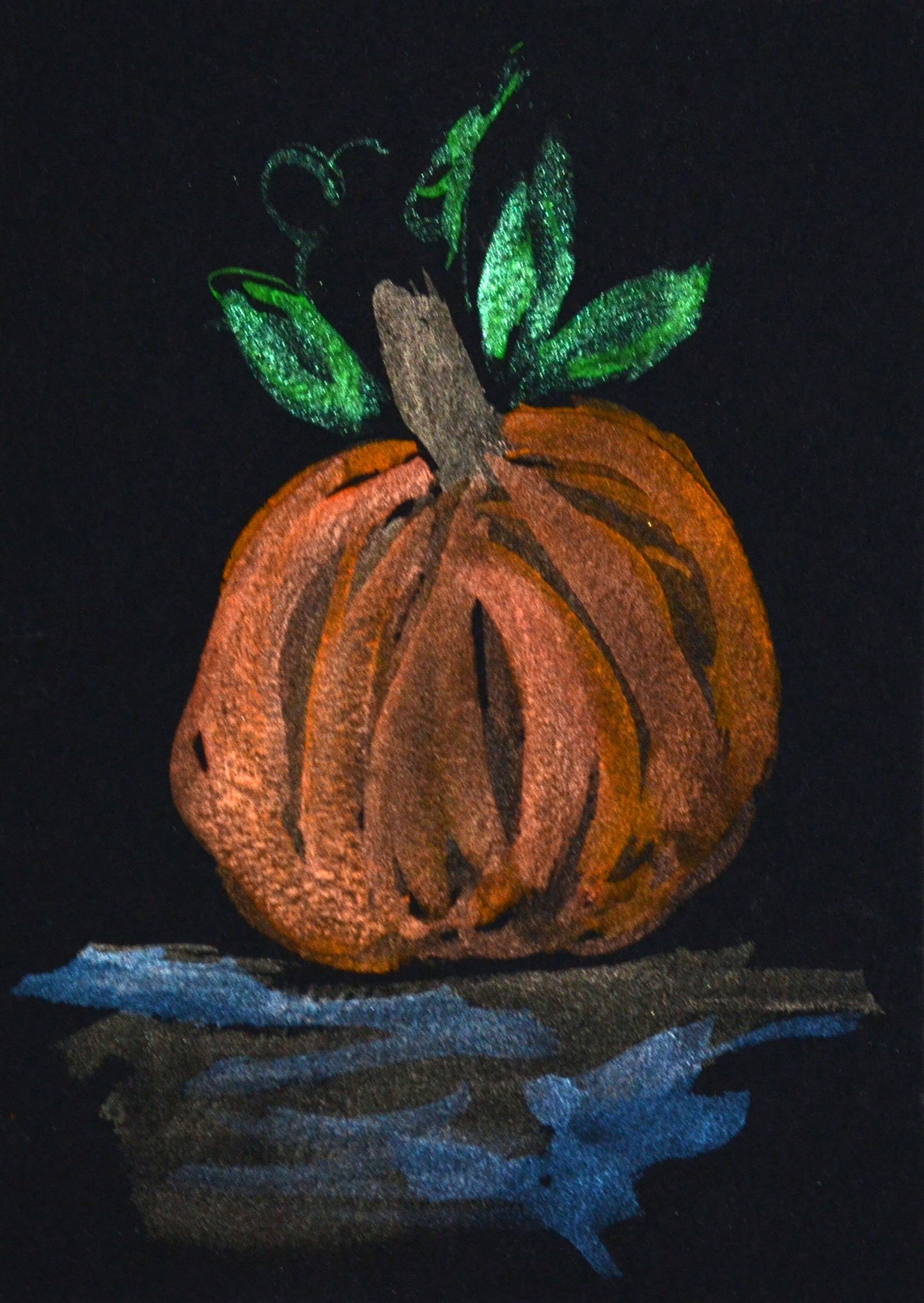 Pumpkin metallic paint on black paper original watercolor painting, Set of 3 Fall and Autumn wall decor, Thanksgiving Decorations