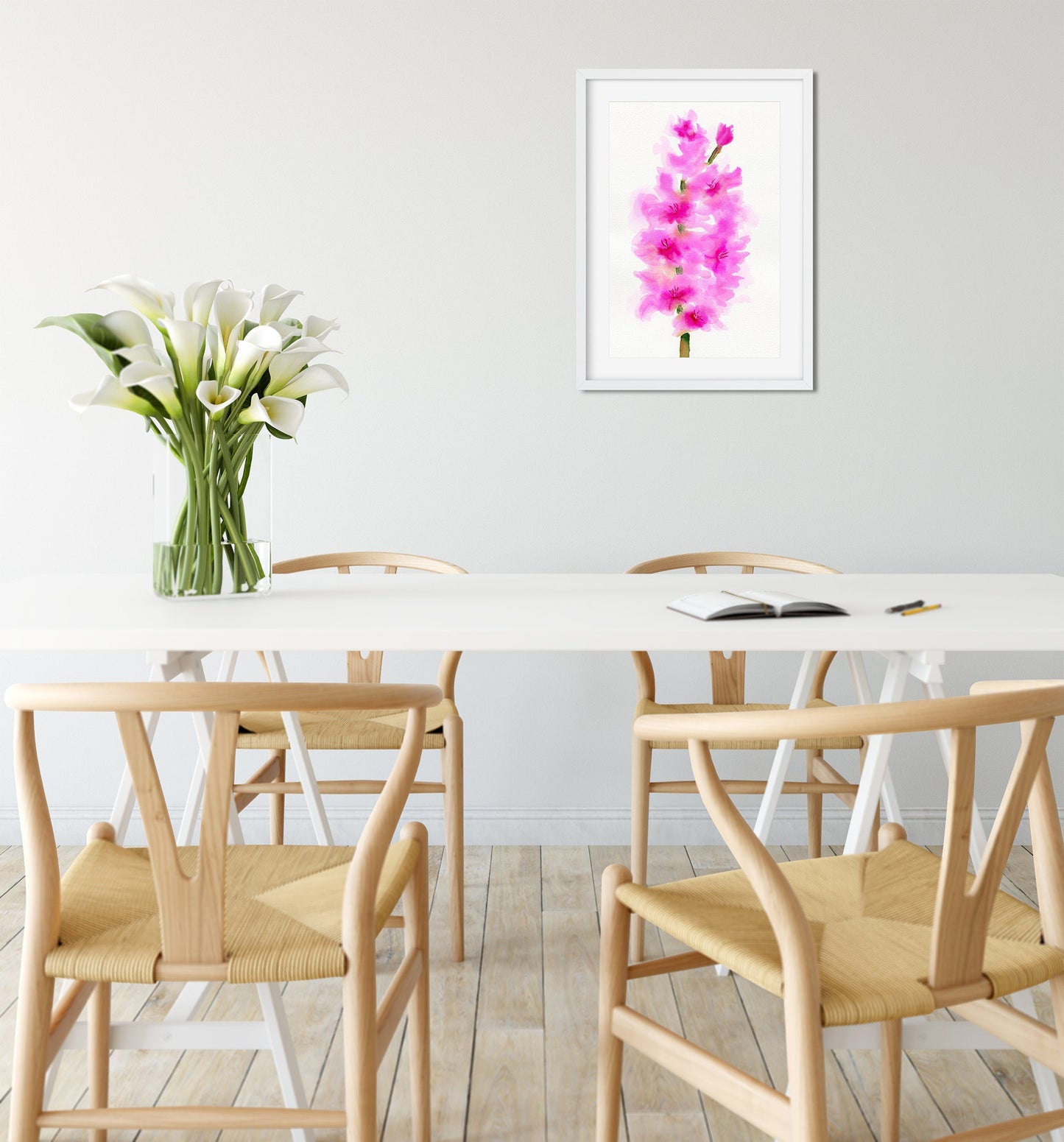 Gladiolus watercolor original painting 9x12, flower wall art, watercolor flowers, bright pink wall decor