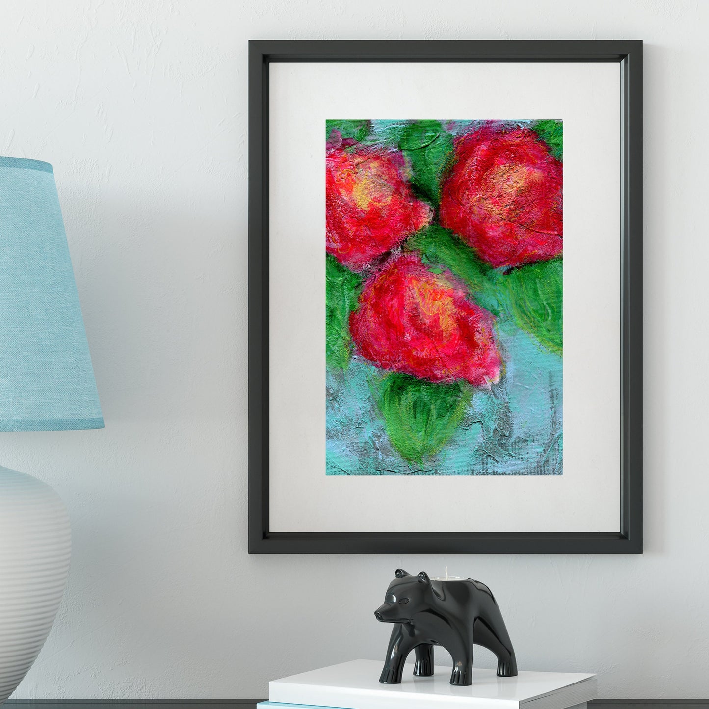 Abstract hand painted red flowers painting on canvas board 8x10, original acrylic bright floral decor, floral home decor wall art - Carved Effects