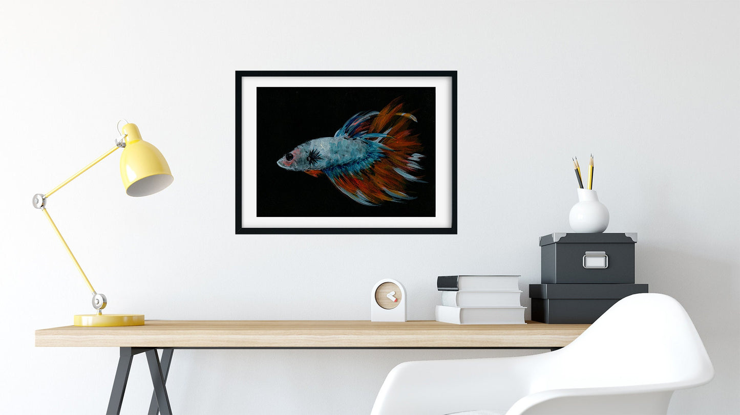 Betta fish art, blue and orange acrylic painting 9x12, small fish wall art, Siamese fighting fish painting, original artwork - Carved Effects