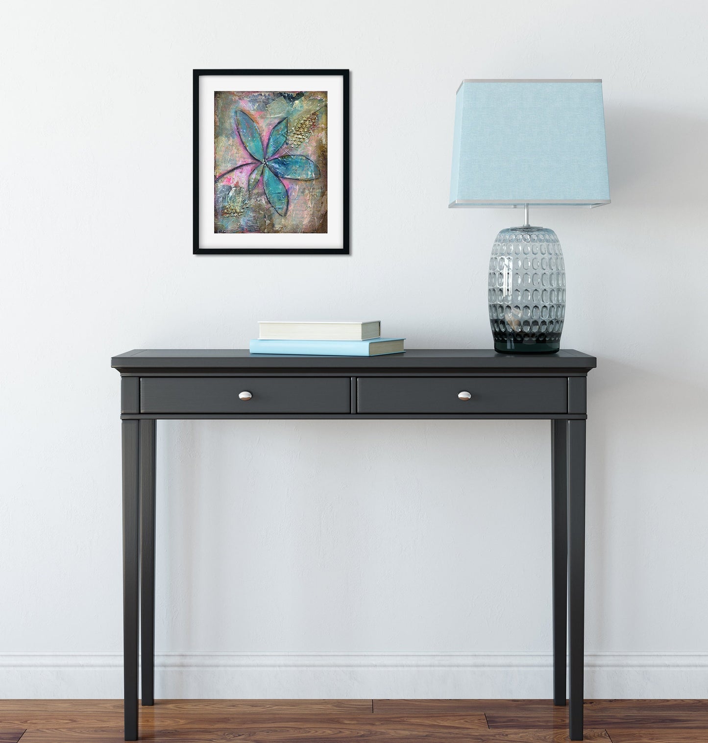 Blue abstract flower garden hand painted mixed media painting on canvas panel 8x10, original art acrylic and watercolor Painting - Carved Effects