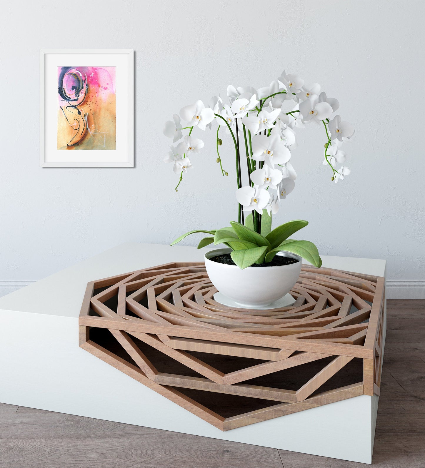 Abstract watercolor painting 6x9, hand painted abstract circle watercolor original artwork, blue yellow and pink small wall art - Carved Effects