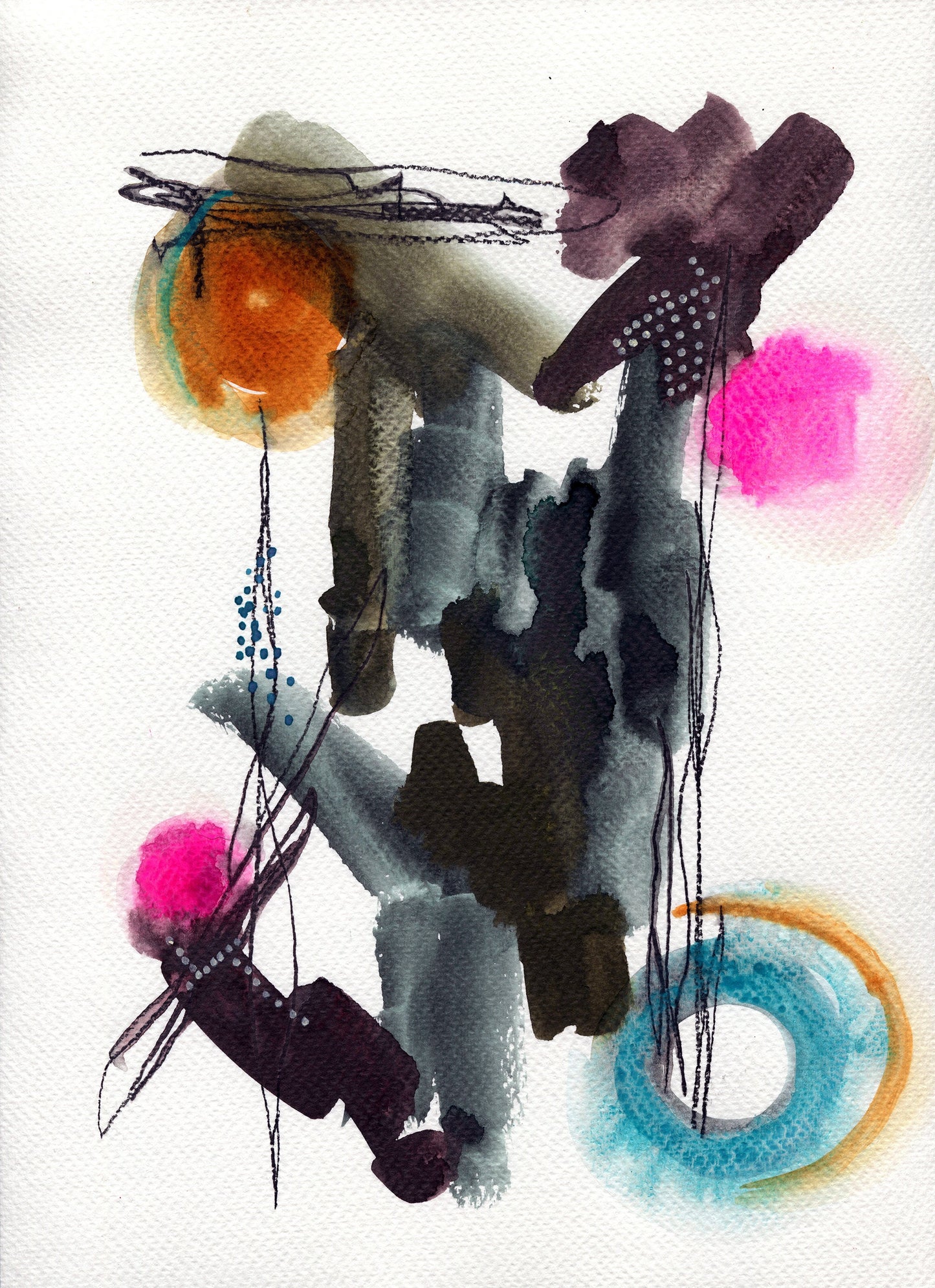 Earth tones and vibrant pink and blue hand painted abstract watercolor painting 9x12, abstract circle watercolor original artwork