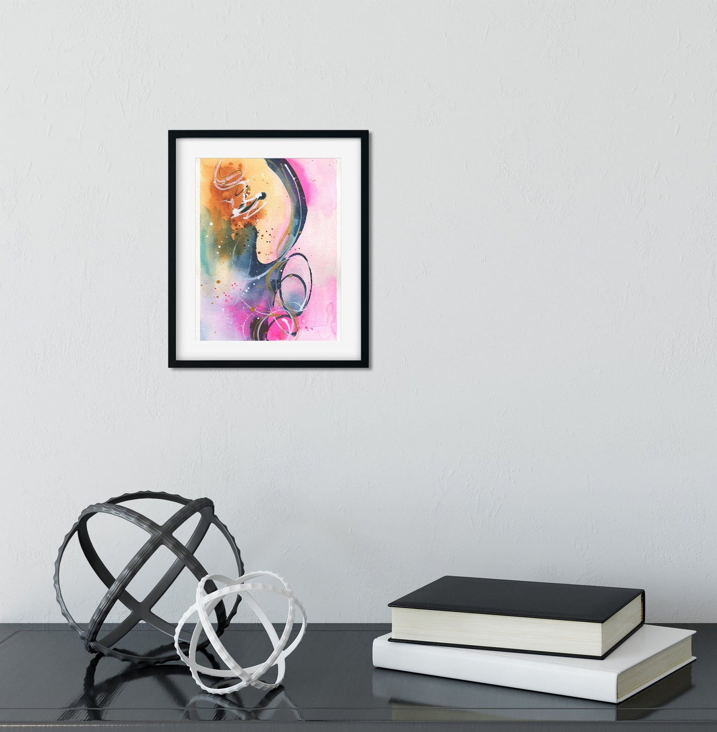 Abstract hand painted watercolor painting 6x9, abstract circle watercolor original artwork, blue yellow and pink small wall art - Carved Effects