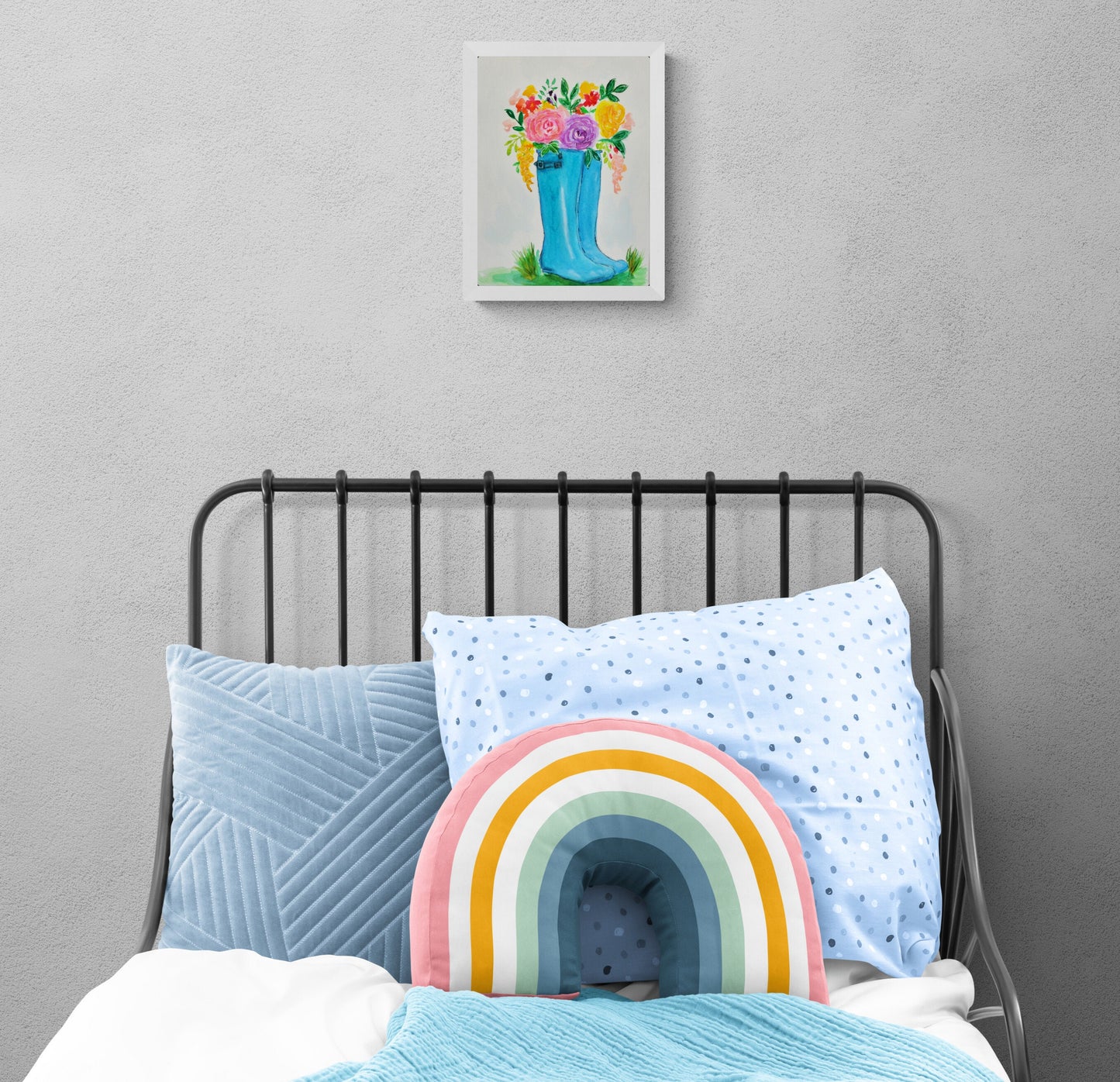 Blue rain boots with flowers watercolor painting 9x12, hand painted rainy day wall art, happy office wall decor - Carved Effects