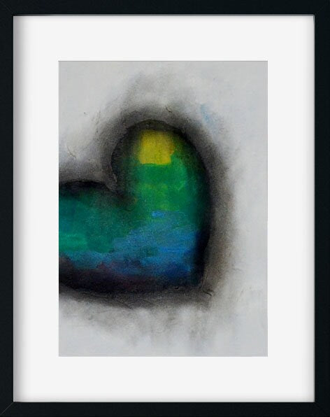 Expressive blue heart painting on paper 6x9, funky wall decor, original mixed media abstract painting - Carved Effects