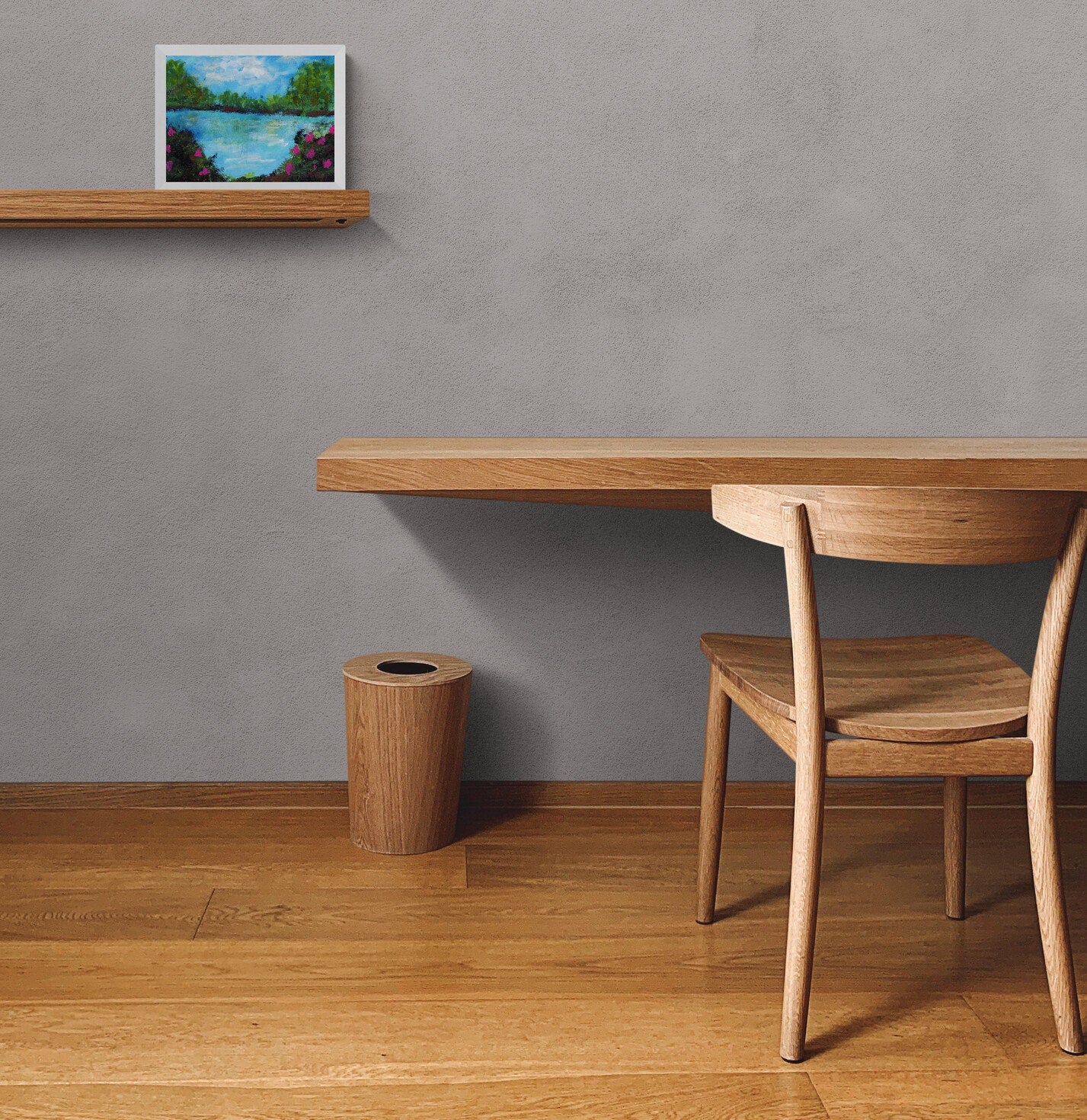 Abstract lake landscape painting on paper 9x12, vibrant wall hanging, hand painted original artwork - Carved Effects