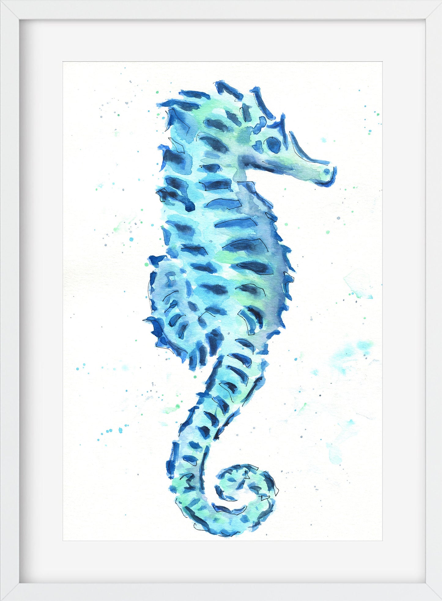 Blue seahorse watercolor painting 9x12, line and wash blue seahorse, under the sea watercolor artwork - Carved Effects