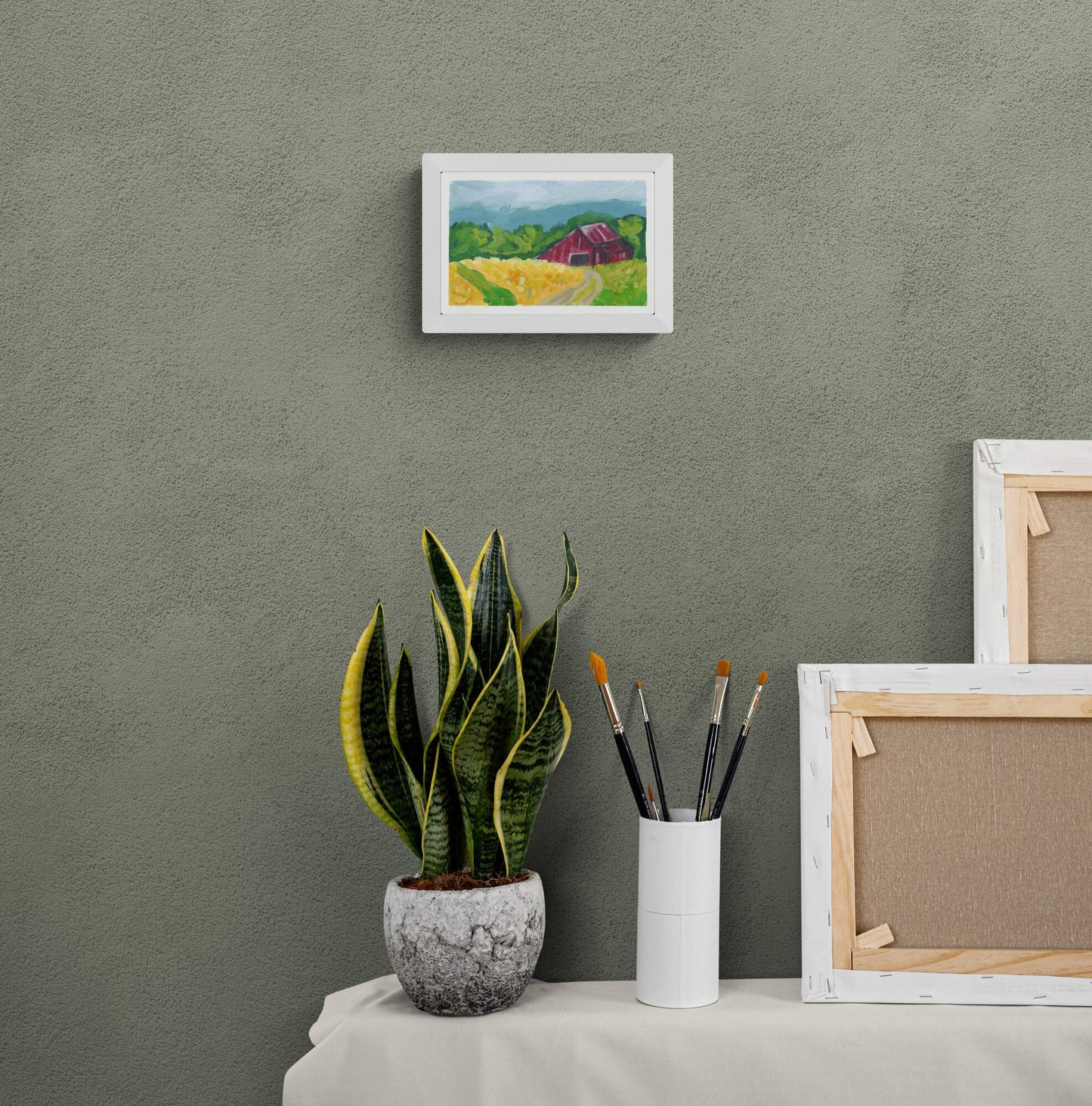 Country landscape with red barn on paper 6x9, hand painted gouache watercolor on paper, impressionism farm scenery - Carved Effects