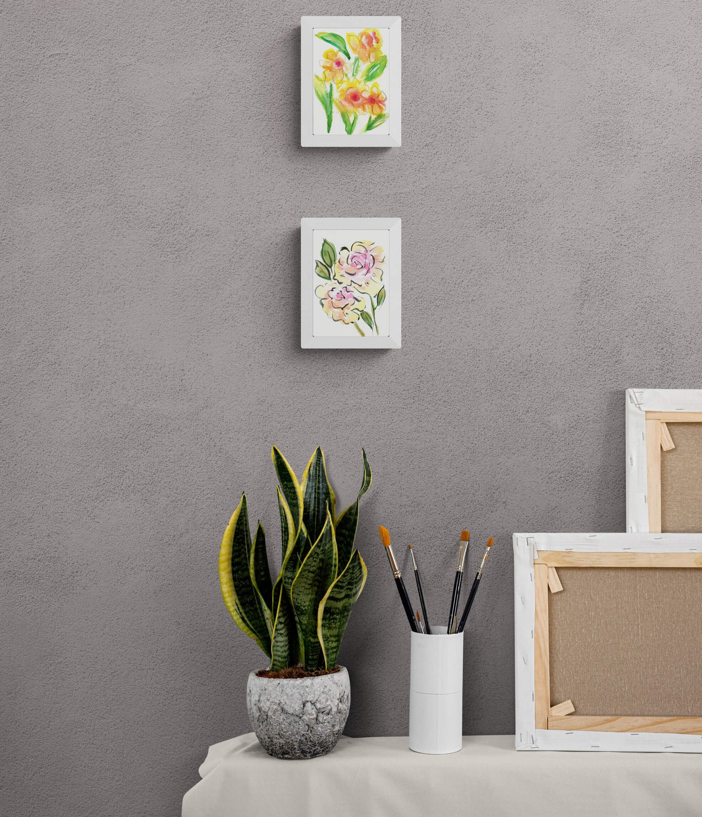 Yellow line and wash flower paintings 5x7, set of 2 original hand painted watercolor paintings, nursery wall decor, living room wall art
