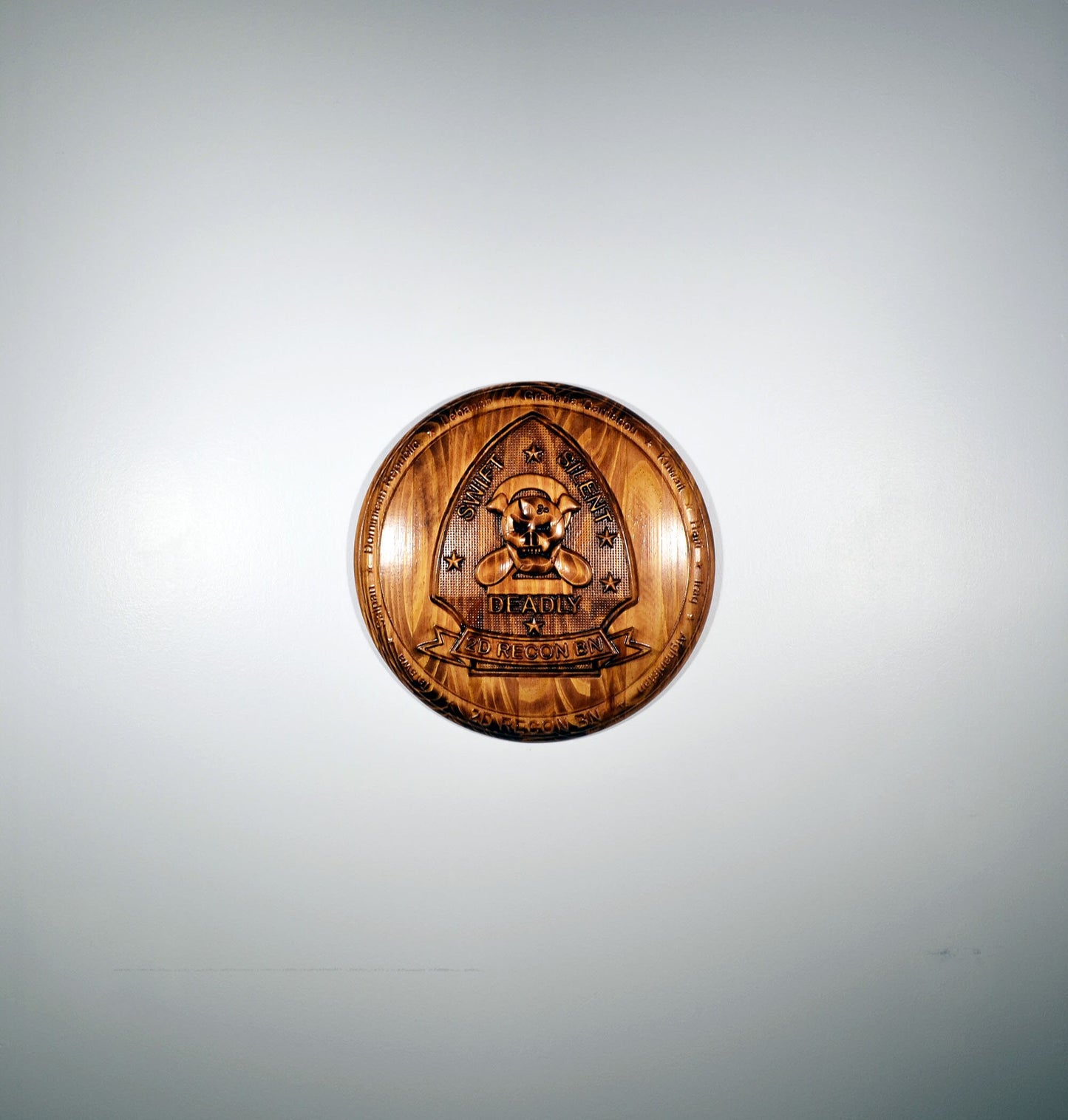 USMC 2nd Reconnaissance Battalion, Marine Corps Special Forces, stained 3d wood carving, military plaque