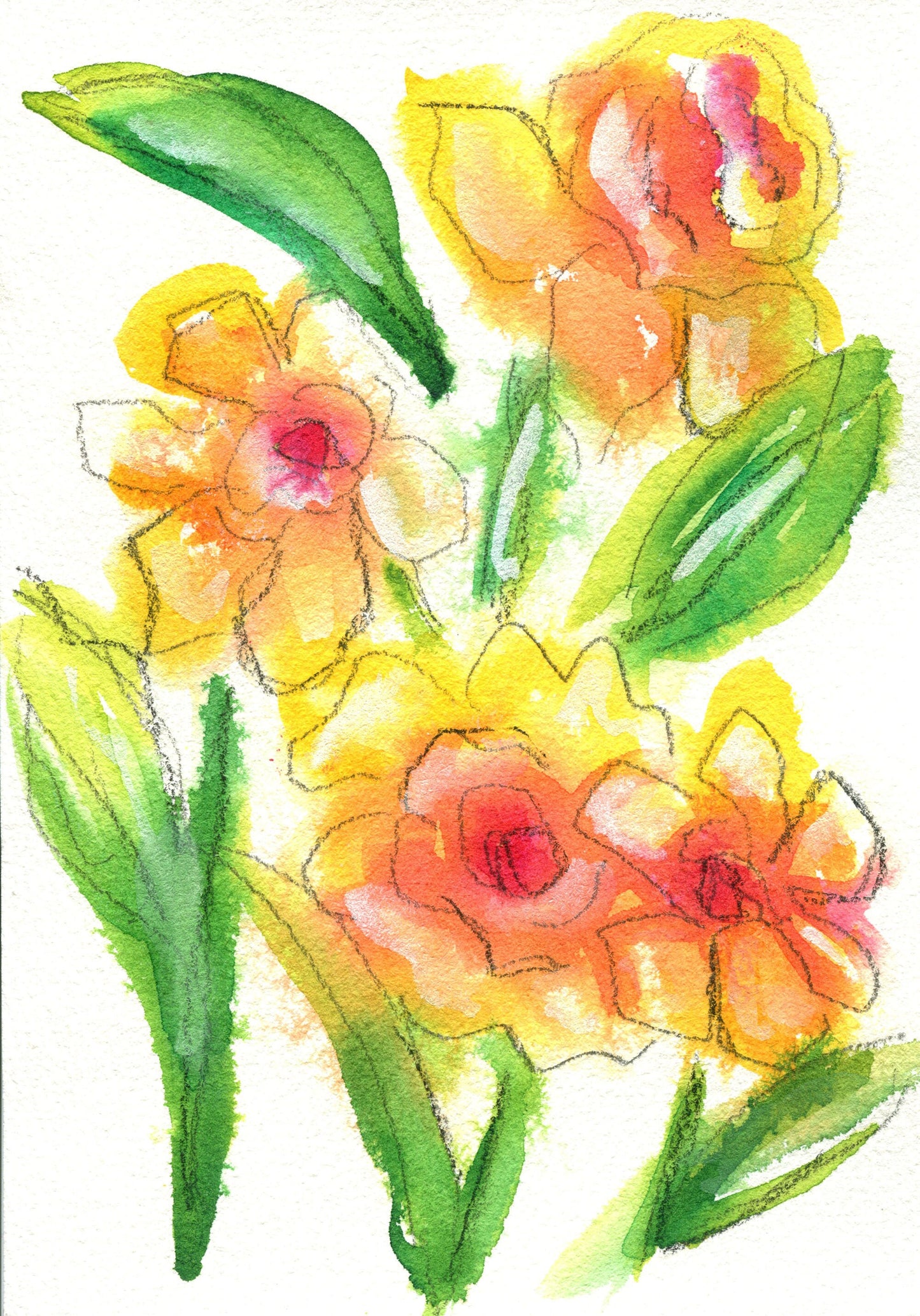 Yellow line and wash flower paintings 5x7, set of 2 original hand painted watercolor paintings, nursery wall decor, living room wall art