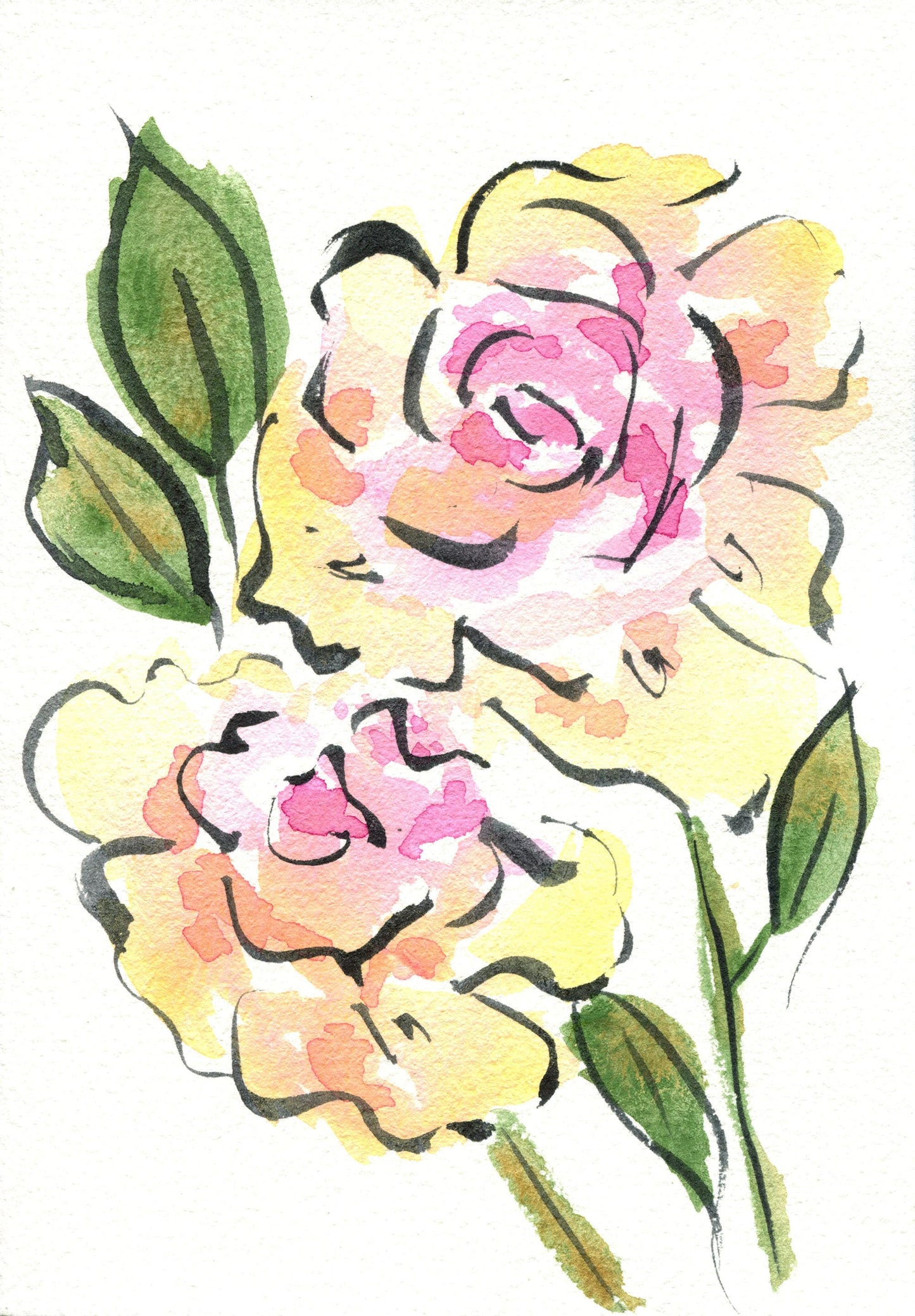 Yellow line and wash flower paintings 5x7, set of 2 original hand painted watercolor paintings, nursery wall decor, living room wall art