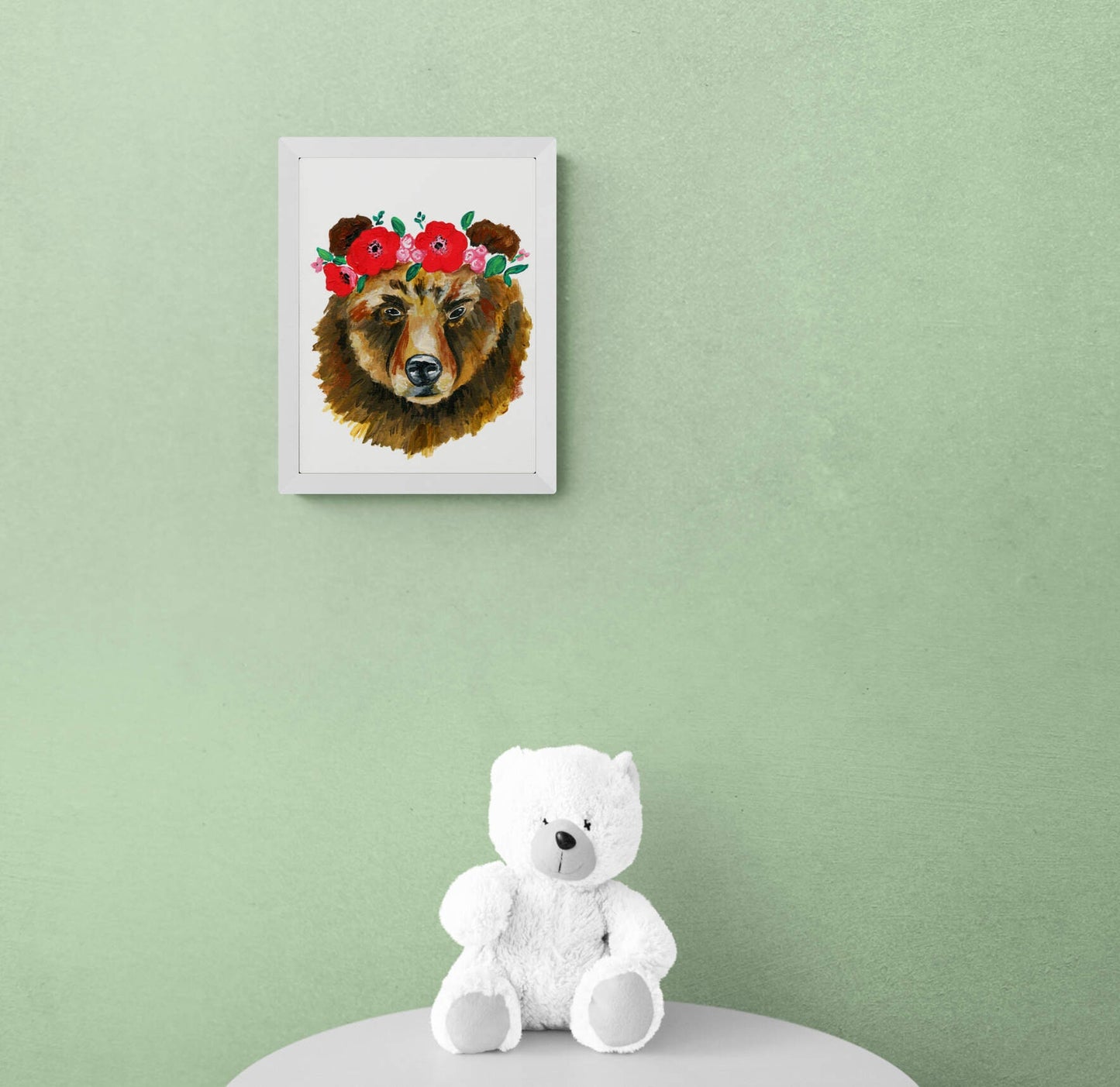 Bear with a flower crown acrylic painting on watercolor paper 9x12, hand painted not a print, original wall art - Carved Effects